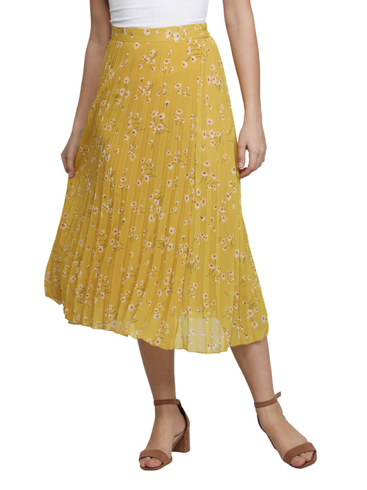 Women Floral Print Pleated Yellow Skirt freeshipping - NUEVOSDAMAS