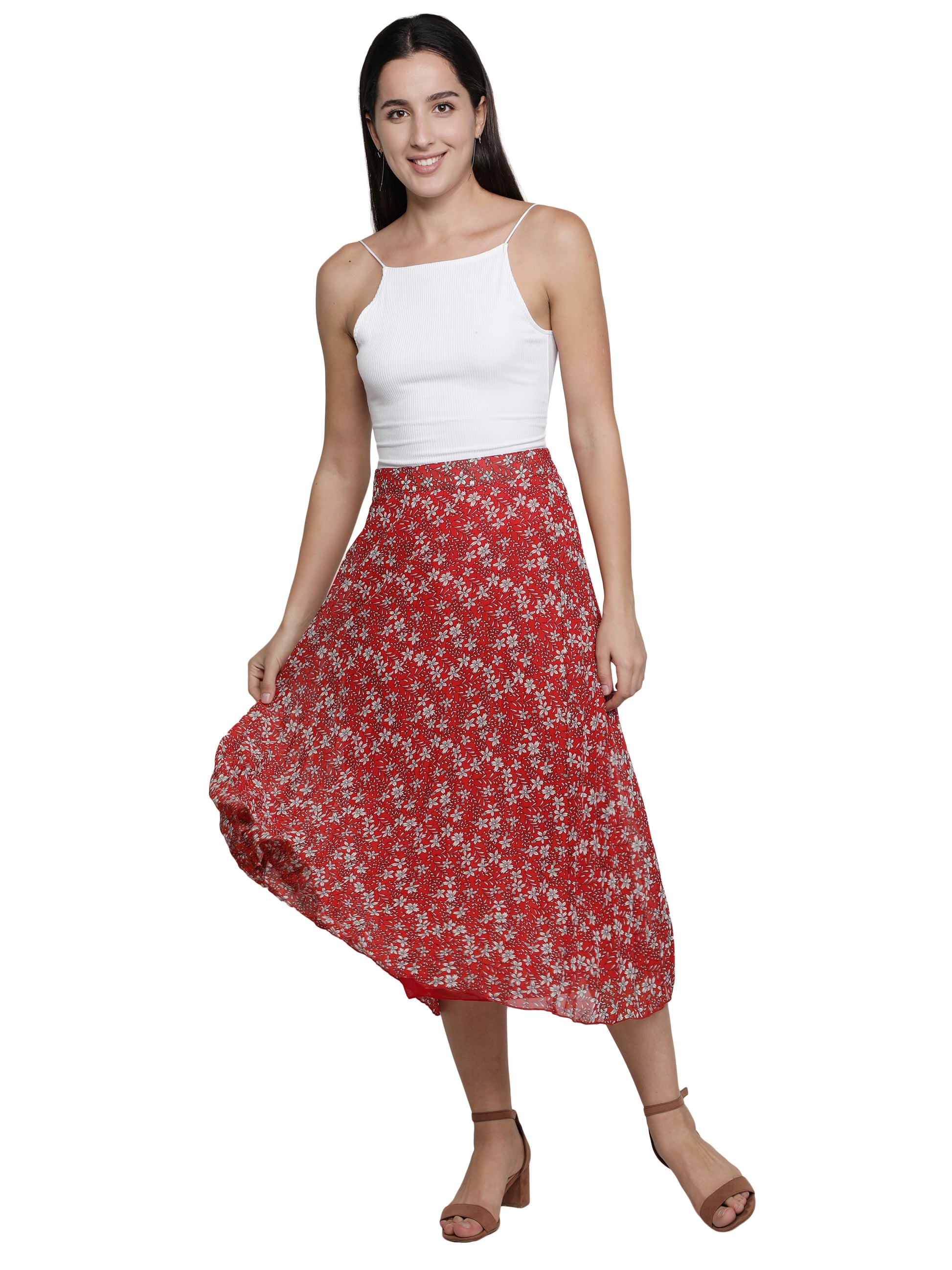 Women Floral Print Pleated Red Skirt freeshipping - NUEVOSDAMAS