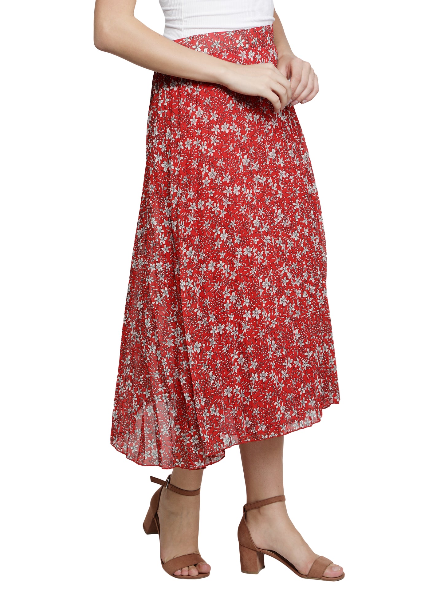 Women Floral Print Pleated Red Skirt freeshipping - NUEVOSDAMAS