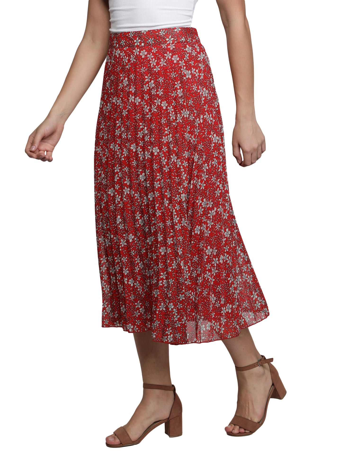 Women Floral Print Pleated Red Skirt freeshipping - NUEVOSDAMAS