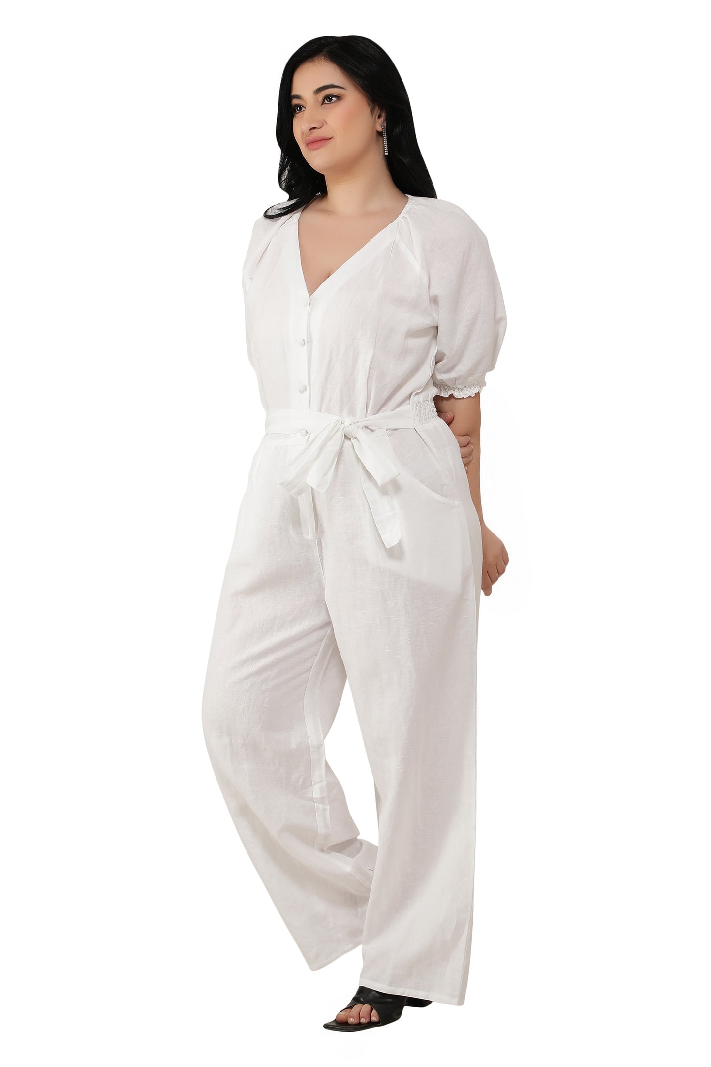 NUEVOSDAMAS Women Cotton Soild Designer Jumpsuit | Raglan Sleeve V-Neck Romper _ White