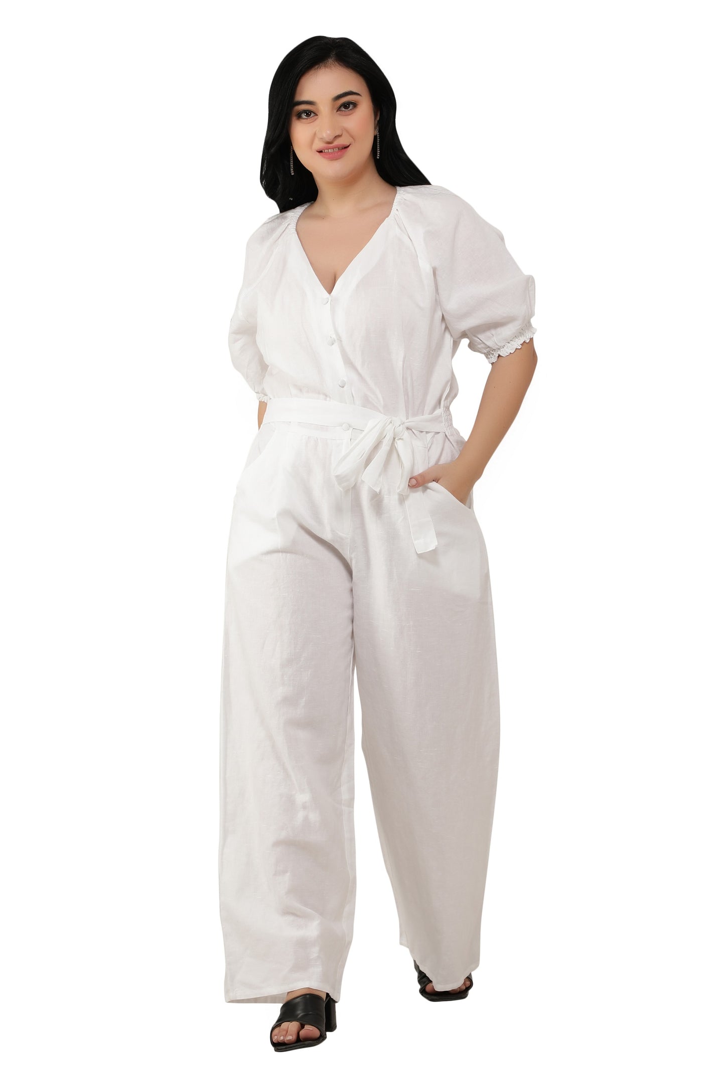 NUEVOSDAMAS Women Cotton Soild Designer Jumpsuit | Raglan Sleeve V-Neck Romper _ White