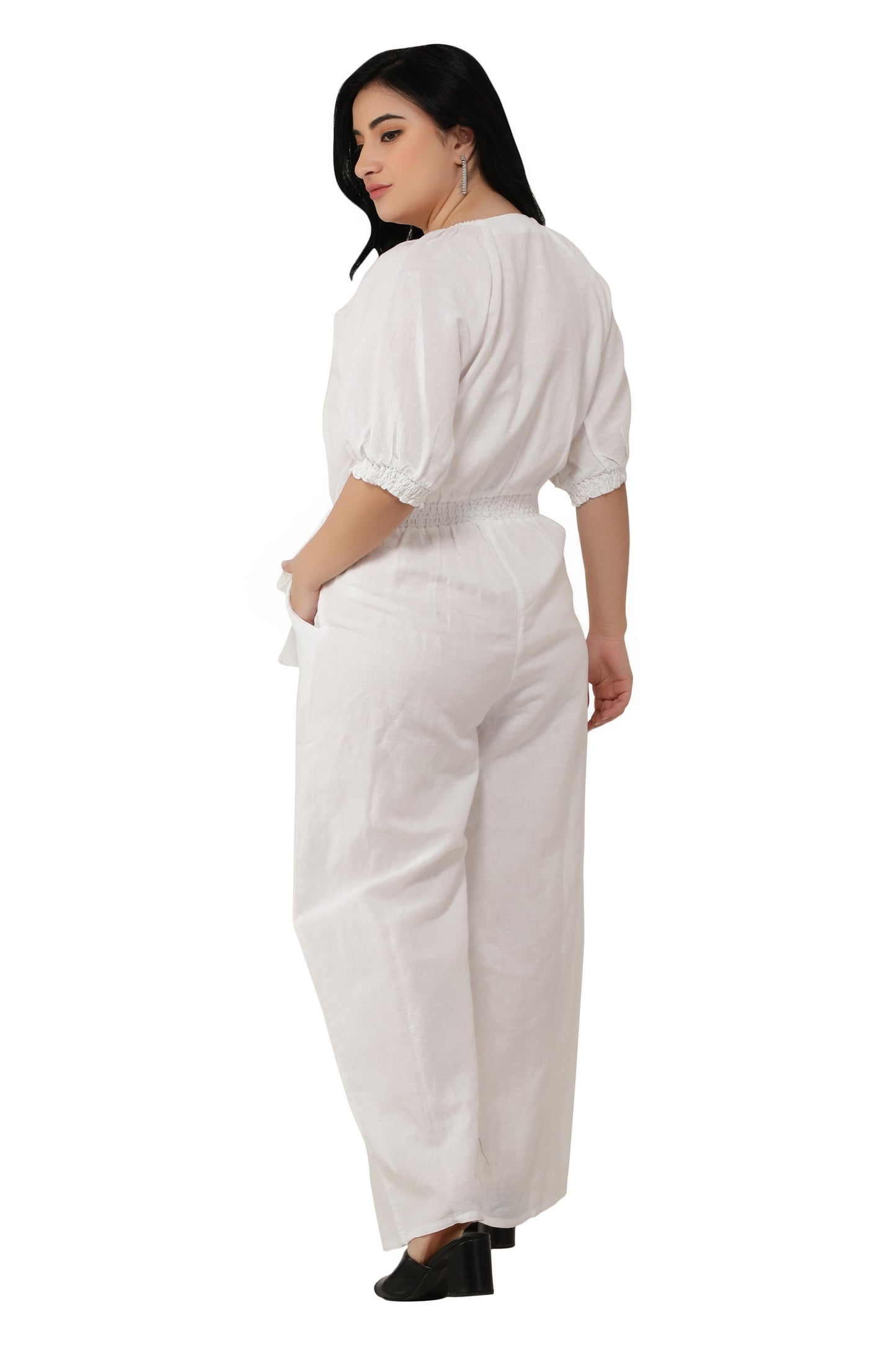 NUEVOSDAMAS Women Cotton Soild Designer Jumpsuit | Raglan Sleeve V-Neck Romper _ White