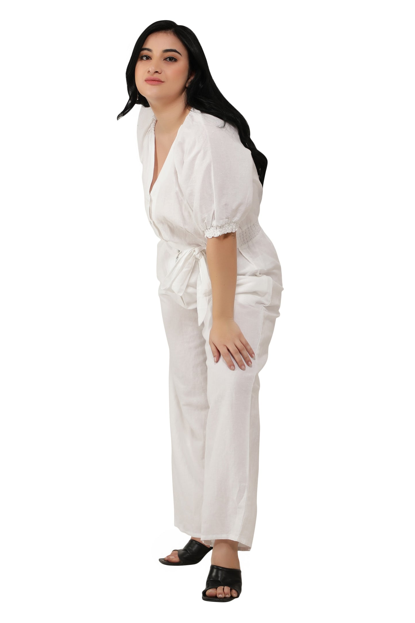 NUEVOSDAMAS Women Cotton Soild Designer Jumpsuit | Raglan Sleeve V-Neck Romper _ White