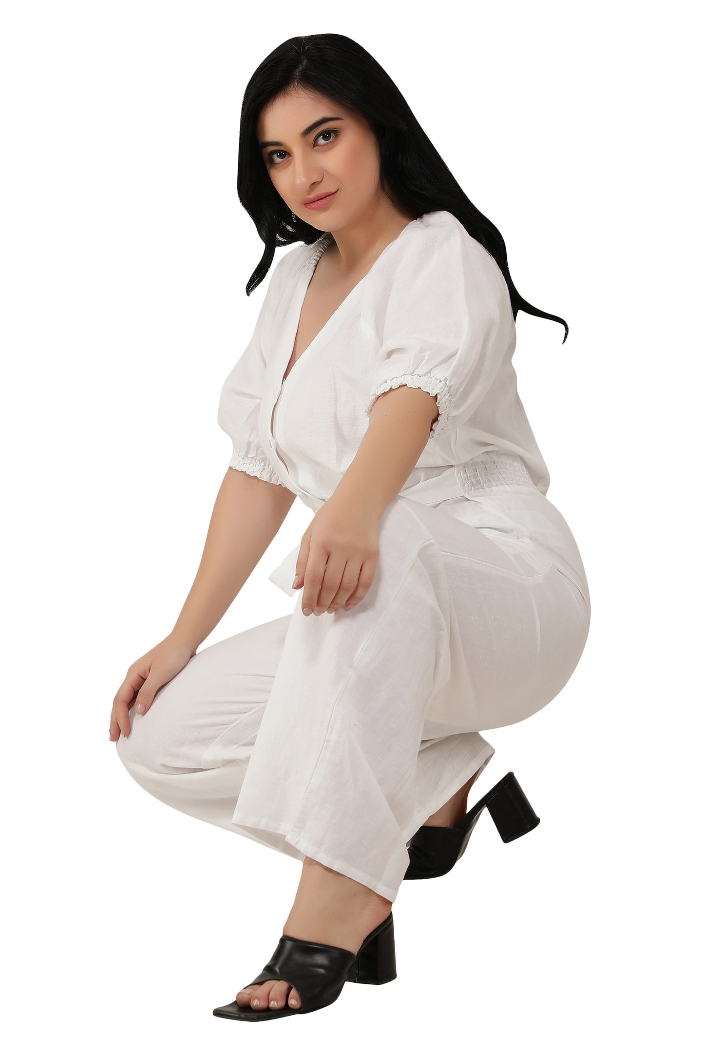 NUEVOSDAMAS Women Cotton Soild Designer Jumpsuit | Raglan Sleeve V-Neck Romper _ White