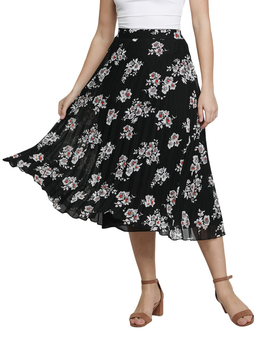Women Floral Print Pleated Black Skirt freeshipping - NUEVOSDAMAS