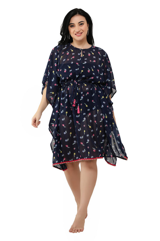 NUEVOSDAMAS Women Georgette Printed Dark Blue Kaftan