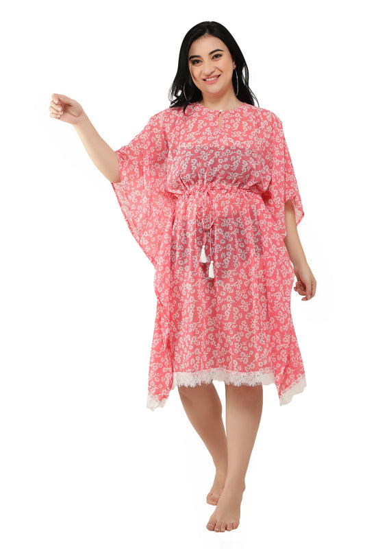 NUEVOSDAMAS Women Georgette Printed Pink Kaftan