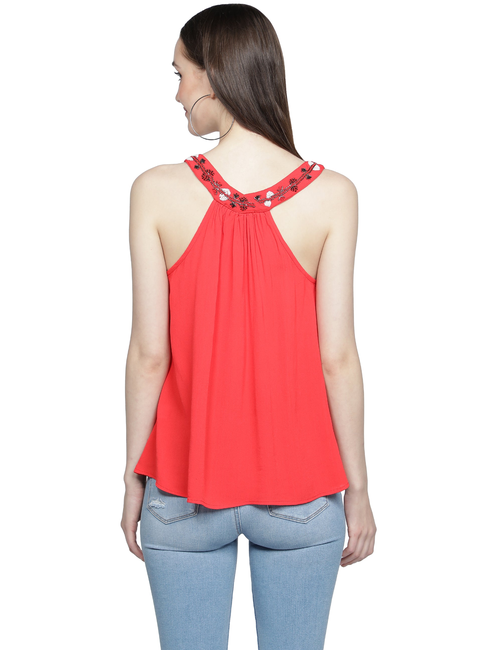 Casual Shoulder Straps Embellished Women Red Top freeshipping - NUEVOSDAMAS