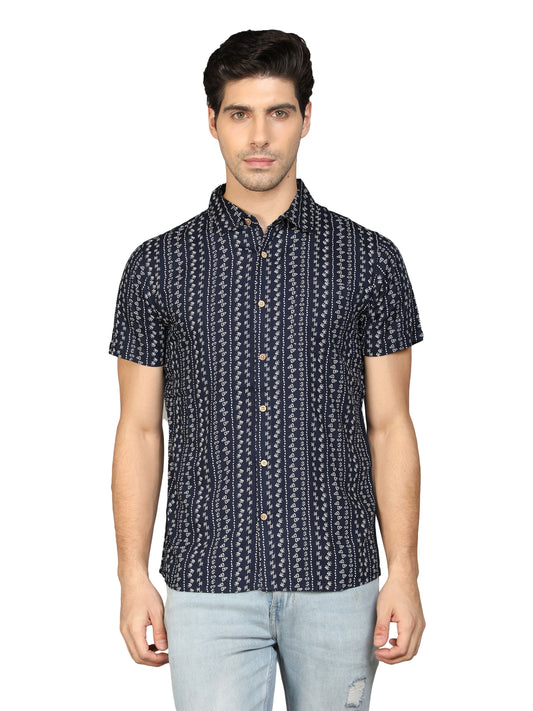 NUEVOSPORTA Men's Rayon Printed Half Sleeve Dark Blue Shirt