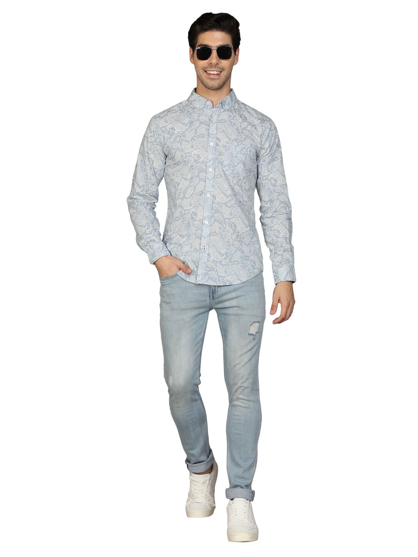 NUEVOSPORTA Rayon Full Sleeve Printed Shirt (Light Blue)