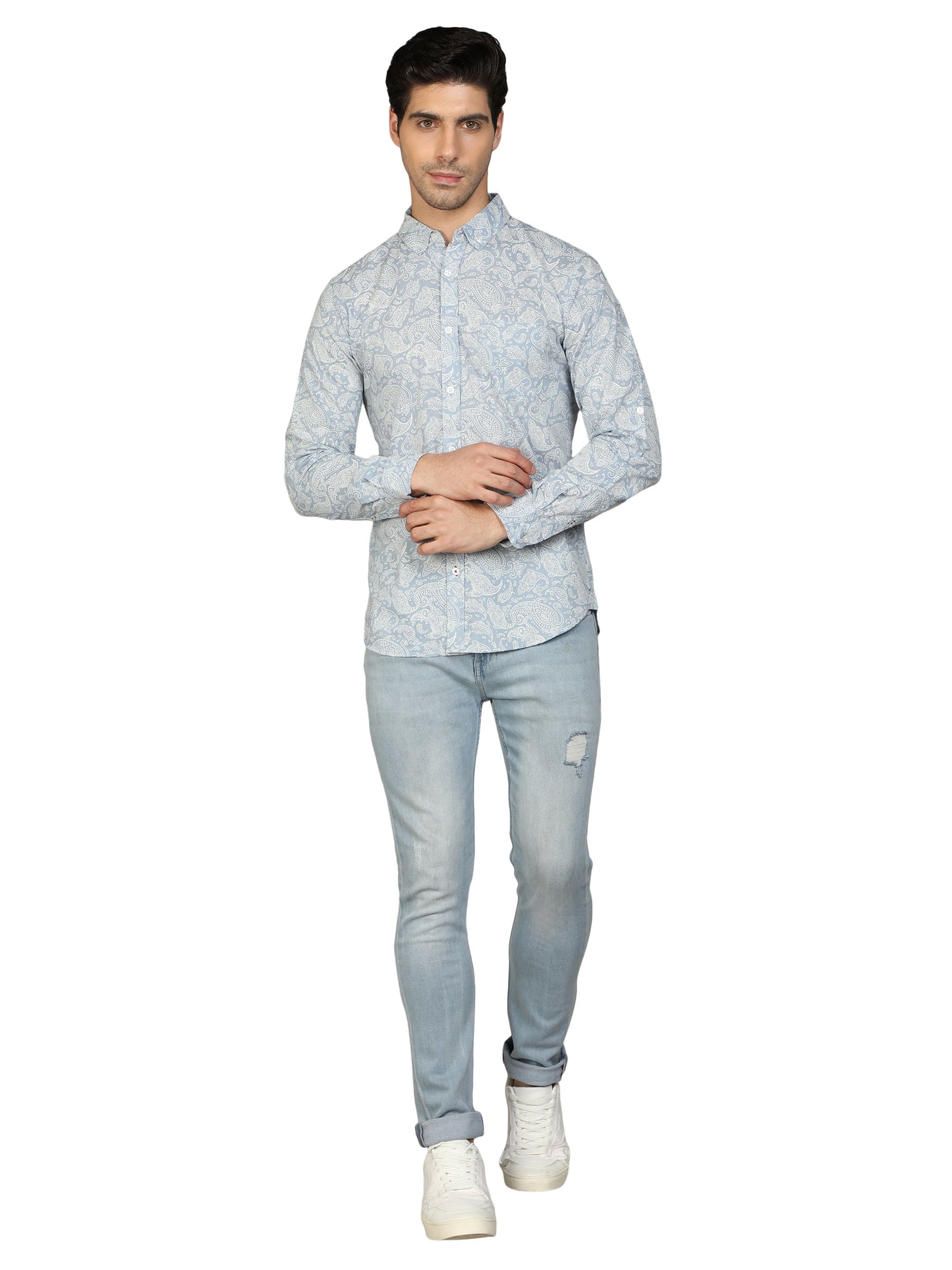 NUEVOSPORTA Rayon Full Sleeve Printed Shirt (Light Blue)