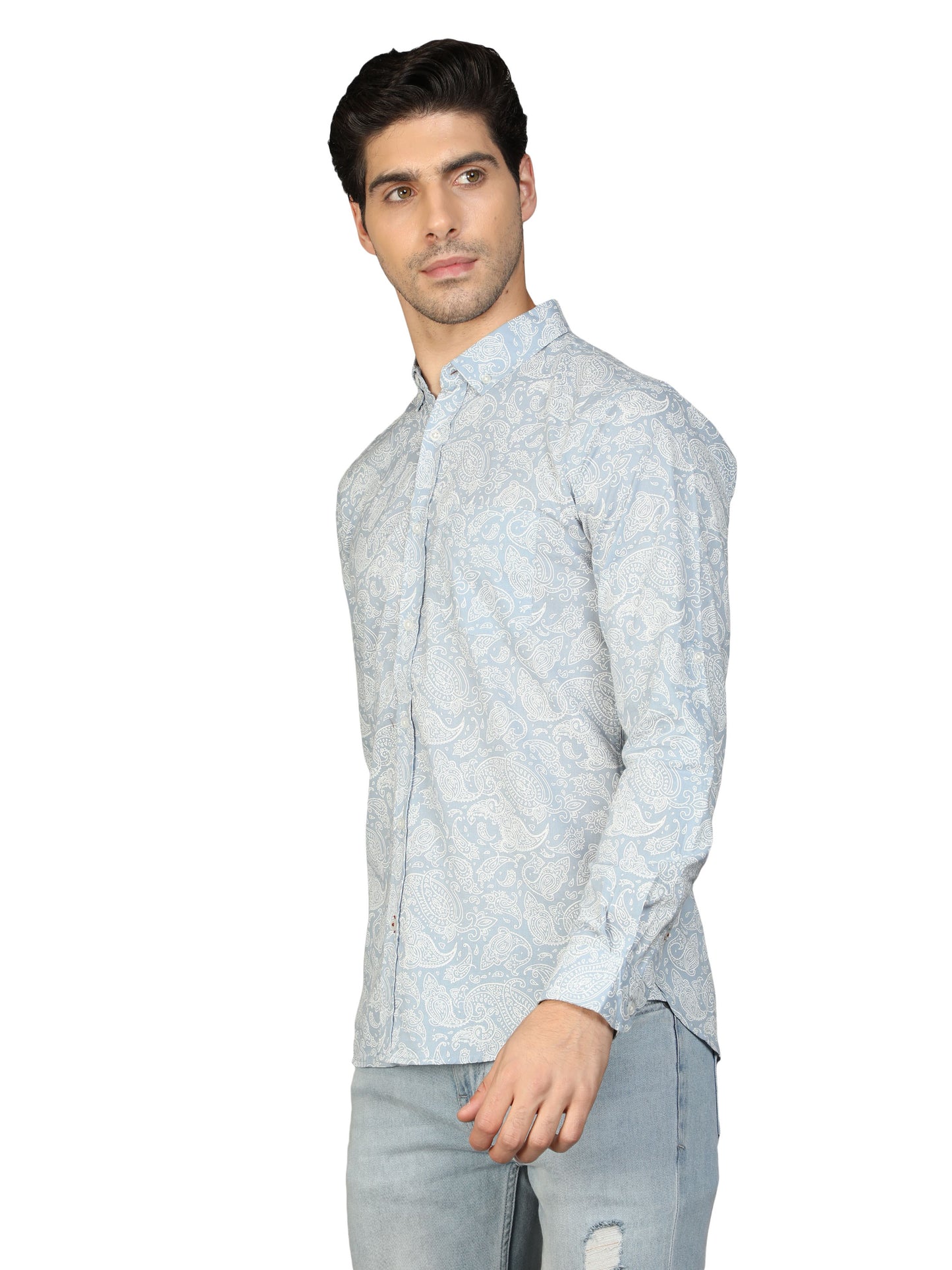 NUEVOSPORTA Rayon Full Sleeve Printed Shirt (Light Blue)