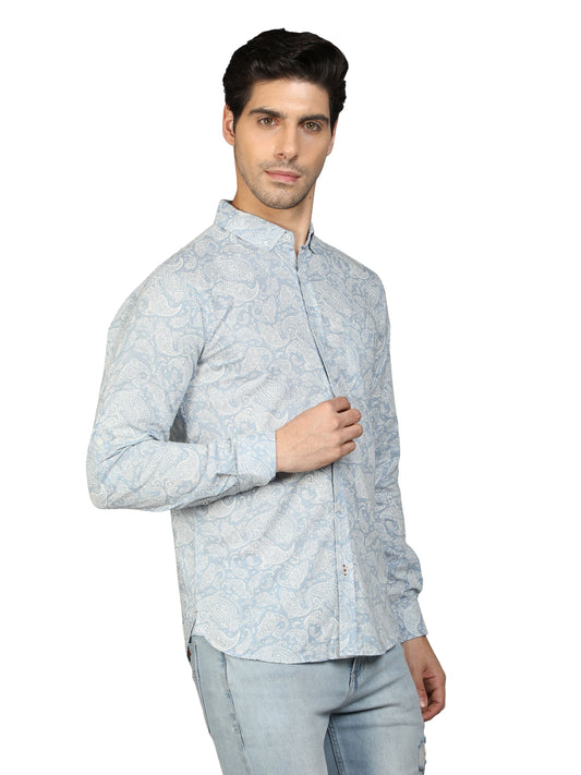 NUEVOSPORTA Rayon Full Sleeve Printed Shirt (Light Blue)