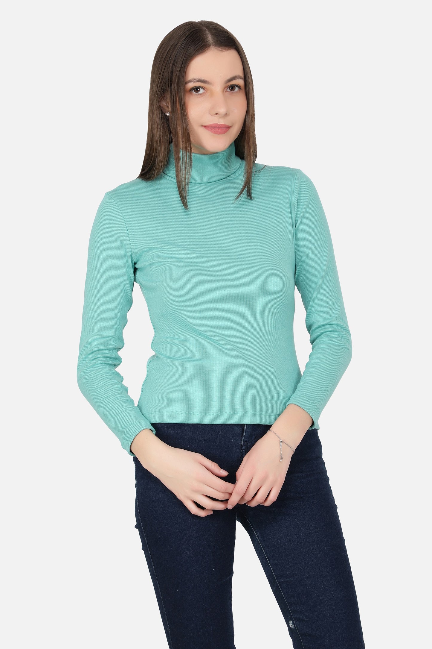 Women Roll-Up Ribbed Solid Aqua High Neck Tops Turtle Neck Top for Women