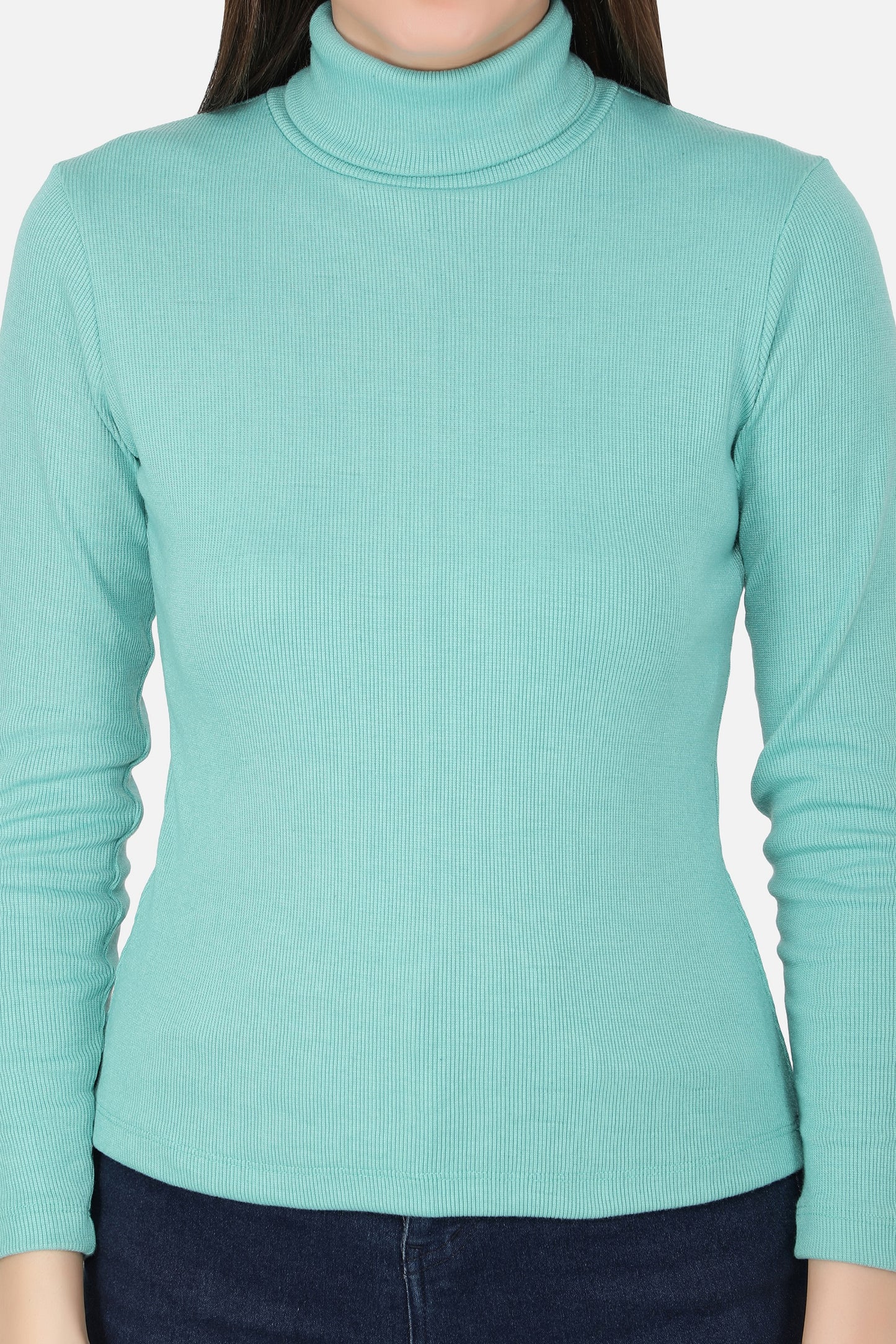 Women Roll-Up Ribbed Solid Aqua High Neck Tops Turtle Neck Top for Women