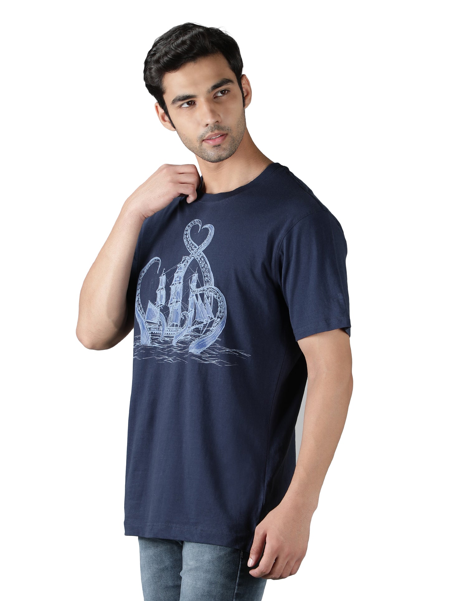 NUEVOSPORTA Men's Cotton Ship Printed Navy Blue T-Shirt