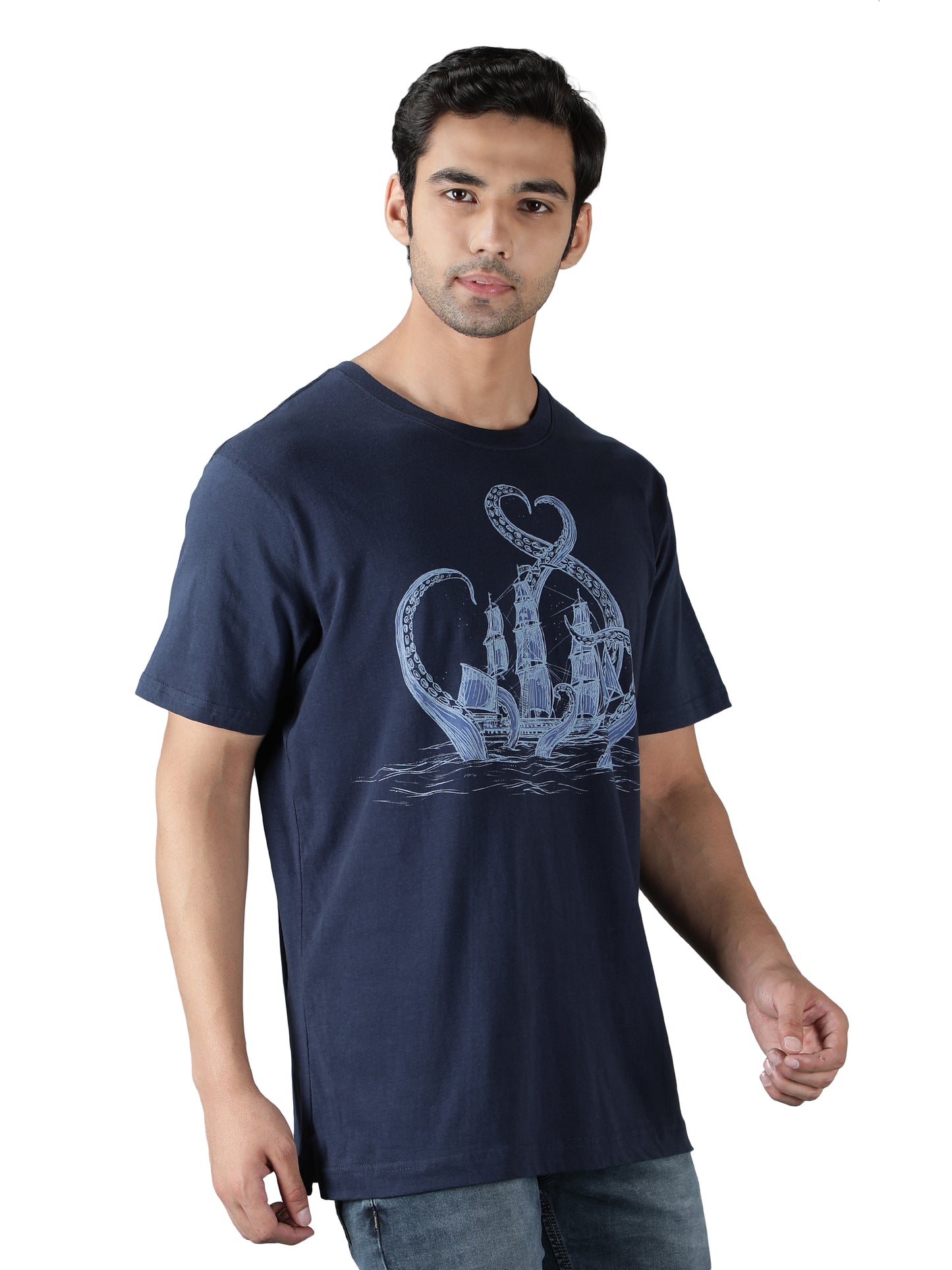 NUEVOSPORTA Men's Cotton Ship Printed Navy Blue T-Shirt