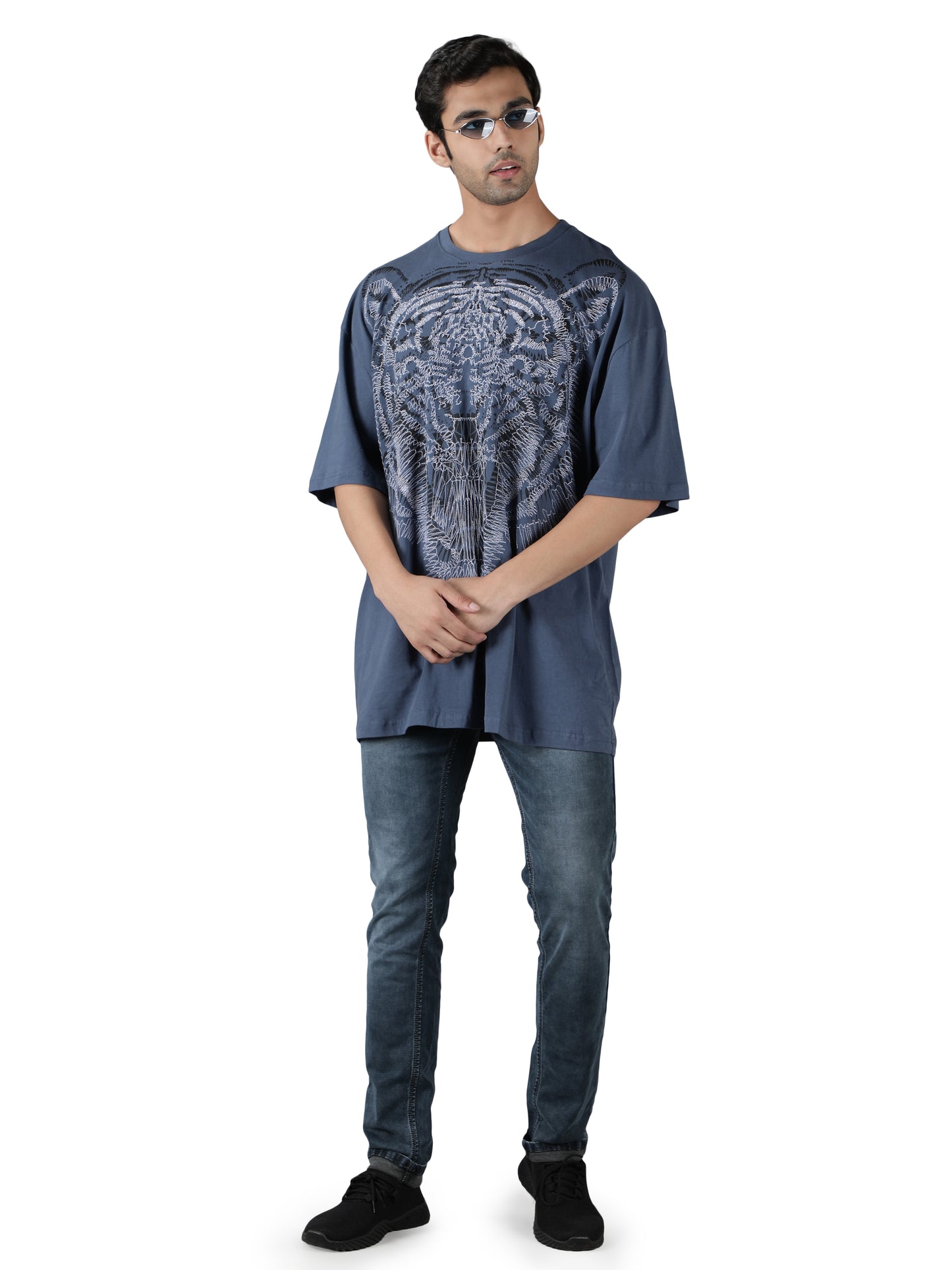 NUEVOSPORTA Men's Cotton Lion Printed Blue T-Shirt