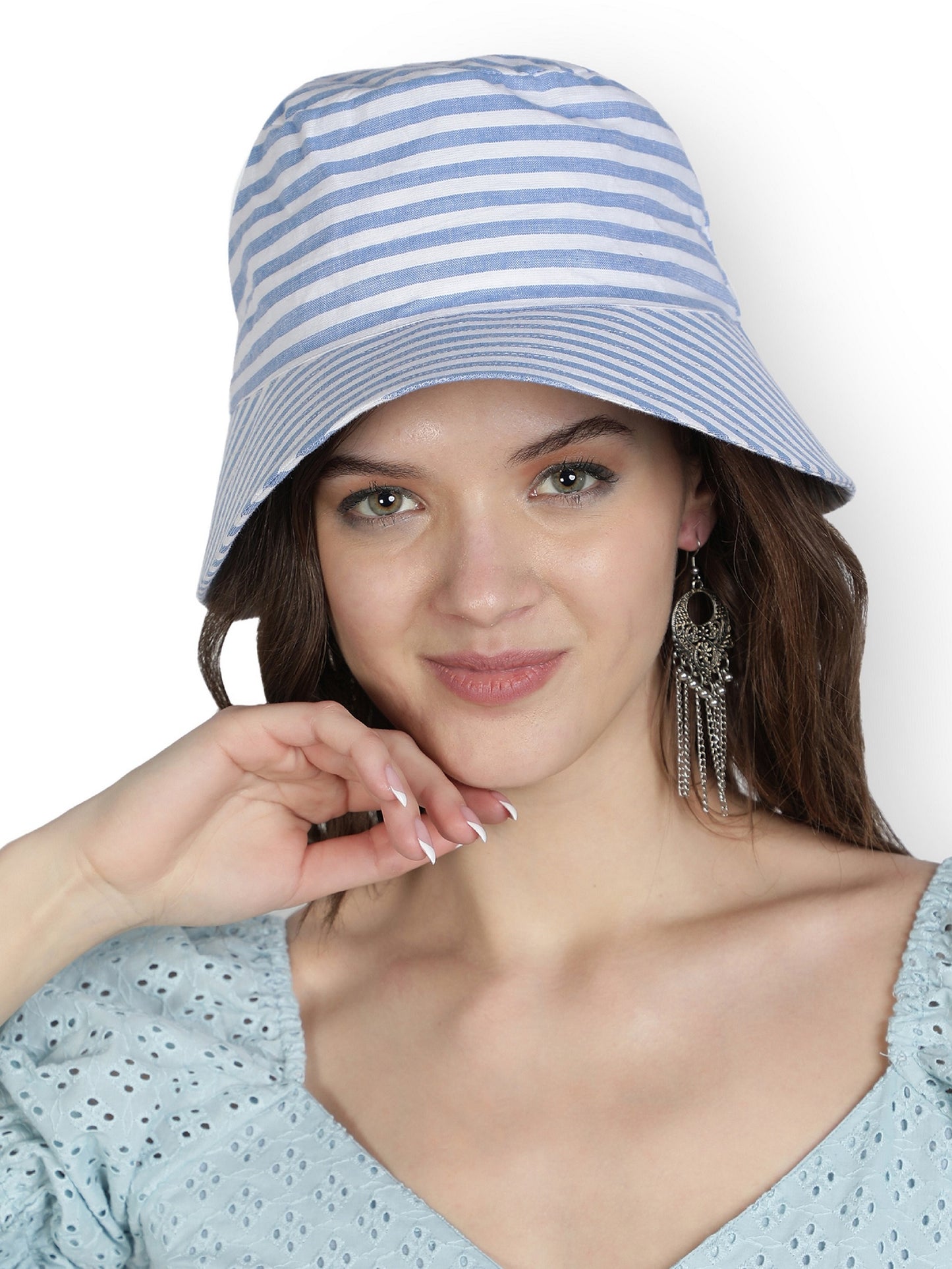 NUEVOSDAMAS Women Cotton Stripes Printed Hat Blue