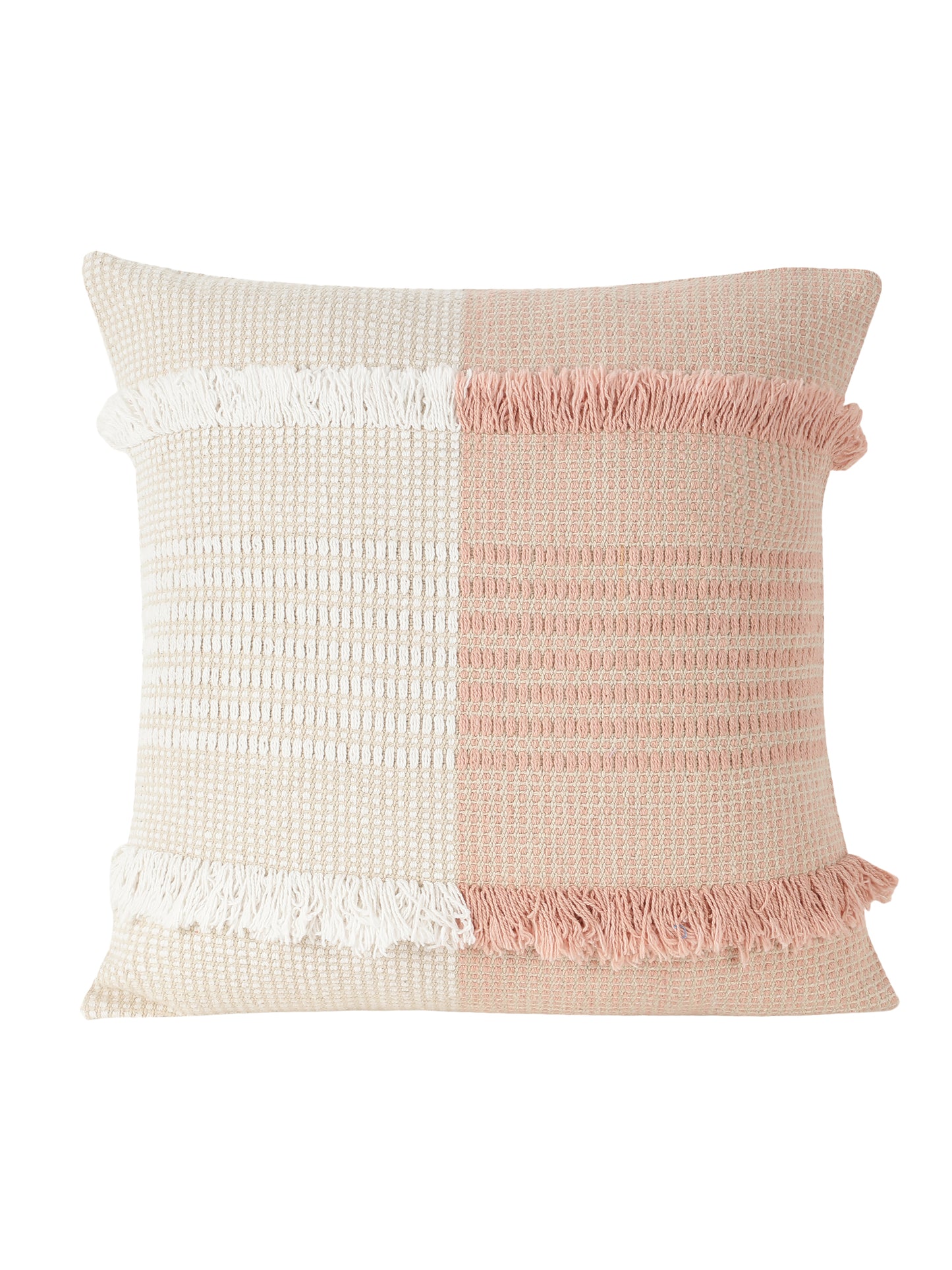 Cotton Jacquard Horizontal Band Tuffted Cushion Cover (set of 2) | Tufted Boho Shaggy Square Cushion Cover For Sofa, Bed, Office | Decorative Handmade Cushion Cover | 18x18 Inch | White/ Peach