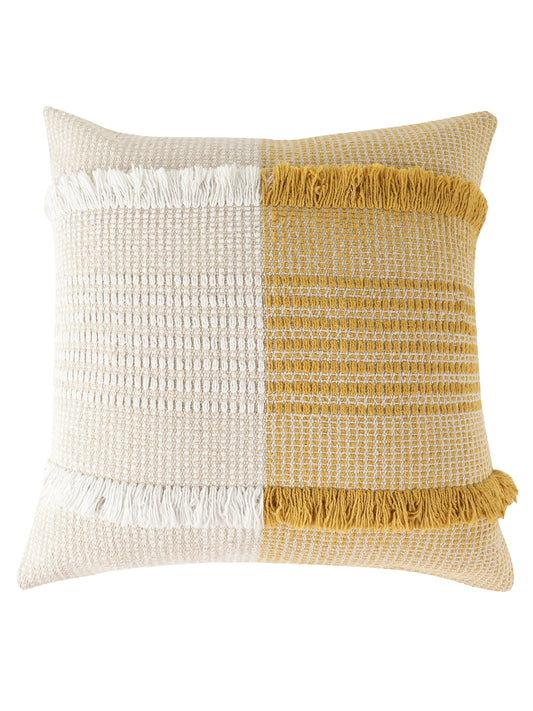 Cotton Jacquard Horizontal Band Tuffted Cushion Cover (set of 2) | Tufted Boho Shaggy Square Cushion Cover For Sofa, Bed, Office | Decorative Handmade Cushion Cover | 18x18 Inc | White/ Mustard