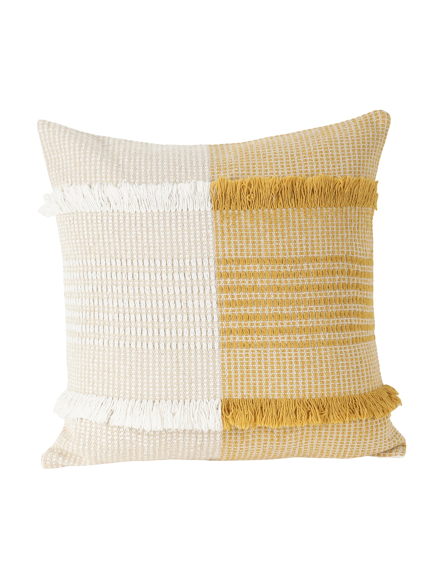 Cotton Jacquard Horizontal Band Tuffted Cushion Cover (set of 2) | Tufted Boho Shaggy Square Cushion Cover For Sofa, Bed, Office | Decorative Handmade Cushion Cover | 18x18 Inc | White/ Mustard