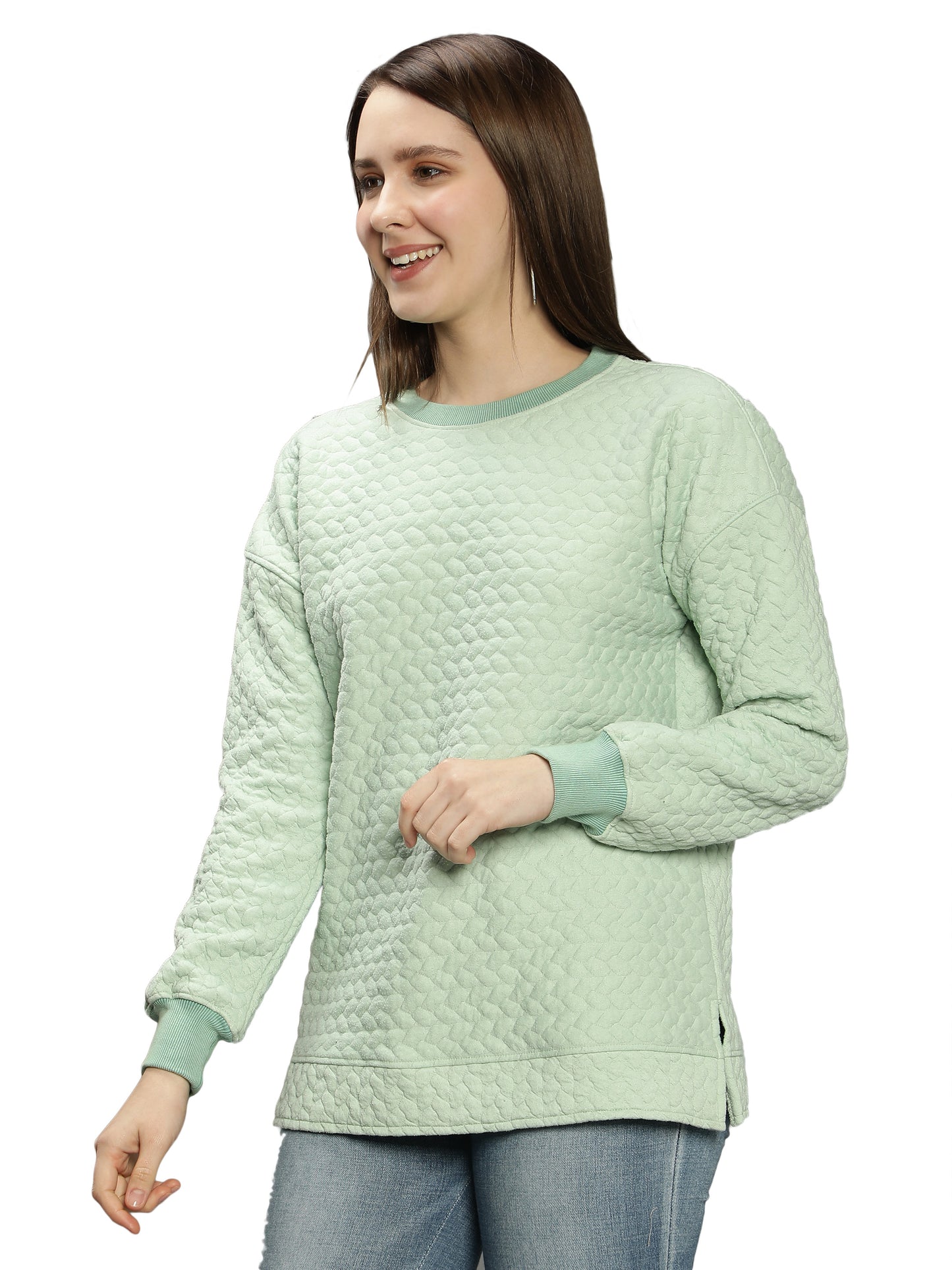 NUEVOSDAMAS Women's Polyester Blend Round Neck Sweatshirt (Light Green)