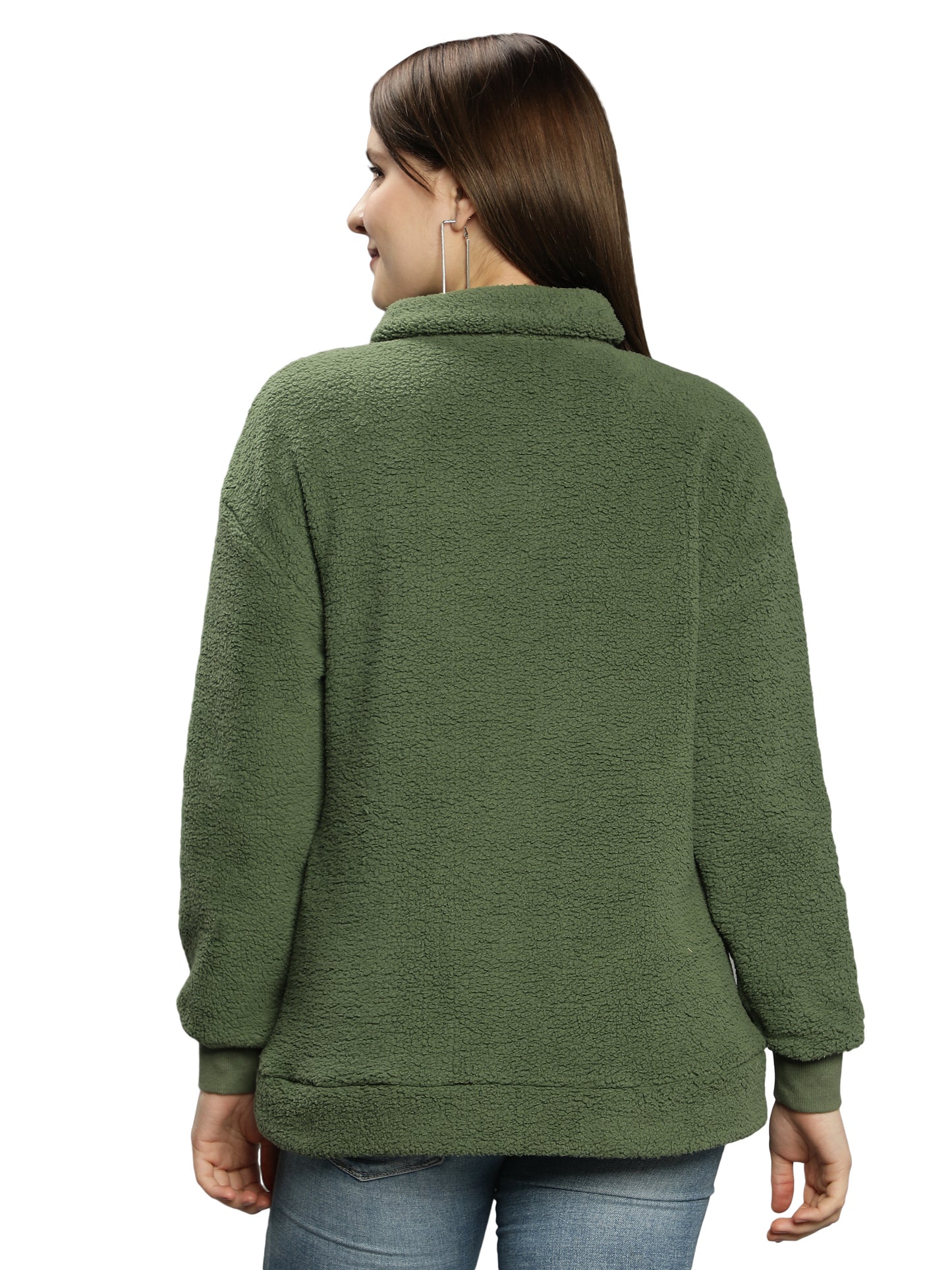 NUEVOSDAMAS Solid Olive Color Winter Sherpa Fur Sweatshirt