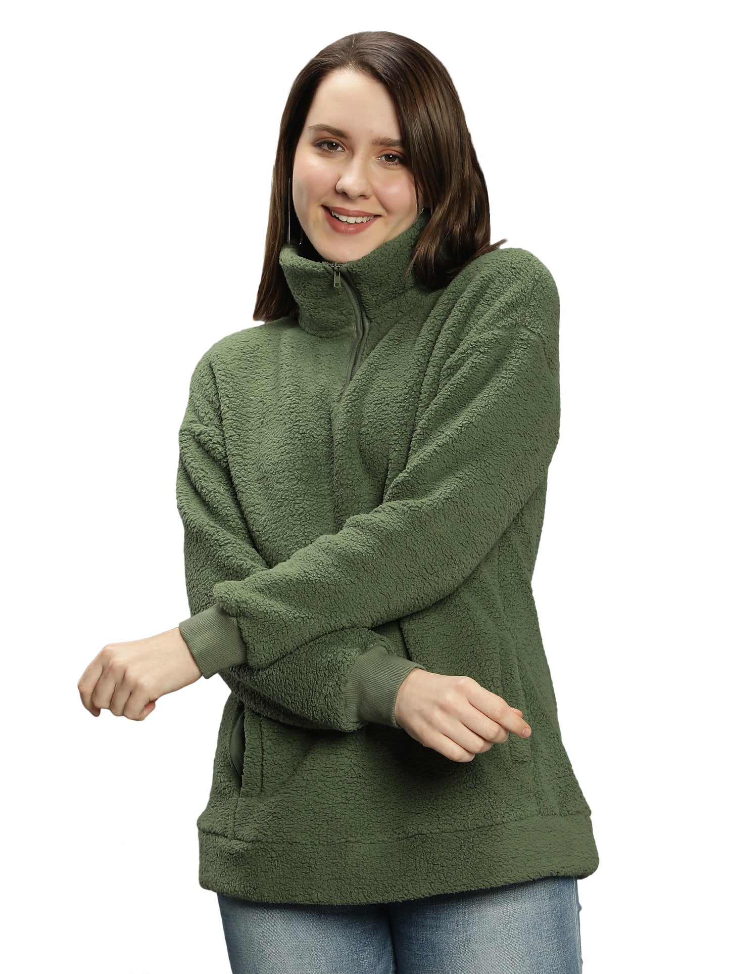 NUEVOSDAMAS Solid Olive Color Winter Sherpa Fur Sweatshirt