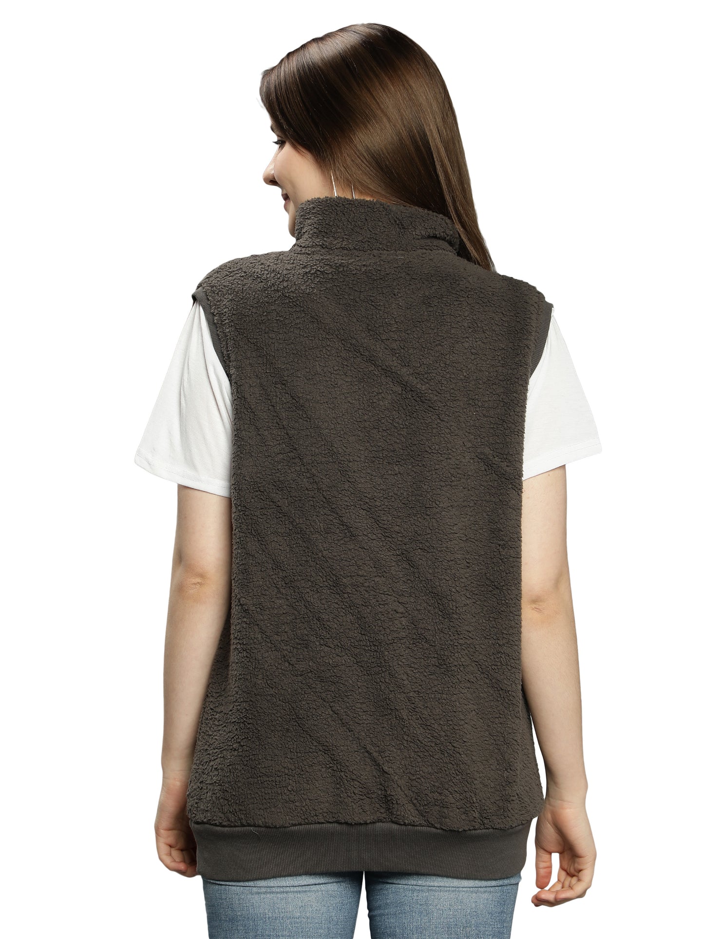 NUEVOSDAMAS Solid Grey Sherpa Fur Sleeveless Winter Sweatshirt