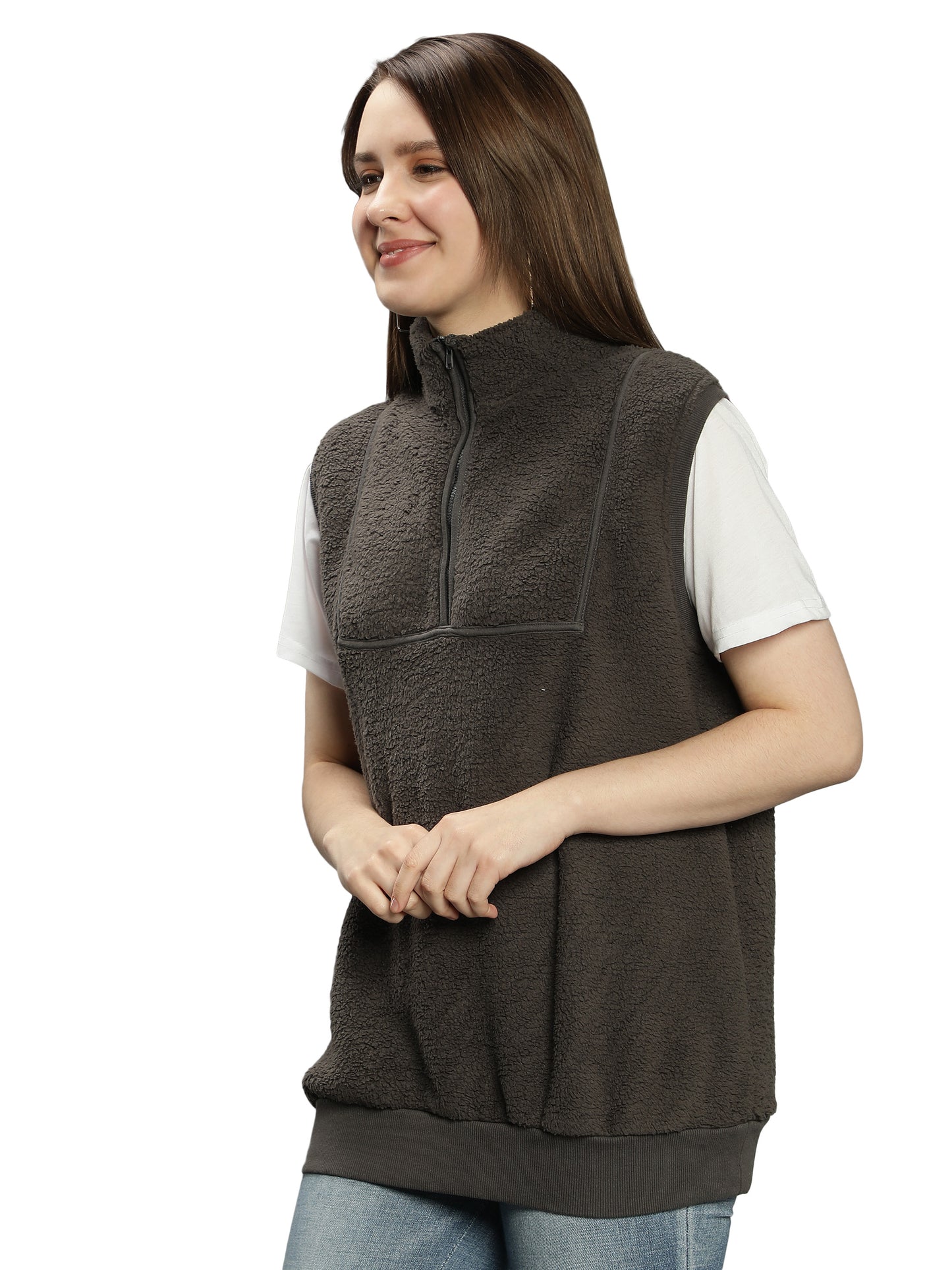 NUEVOSDAMAS Solid Grey Sherpa Fur Sleeveless Winter Sweatshirt