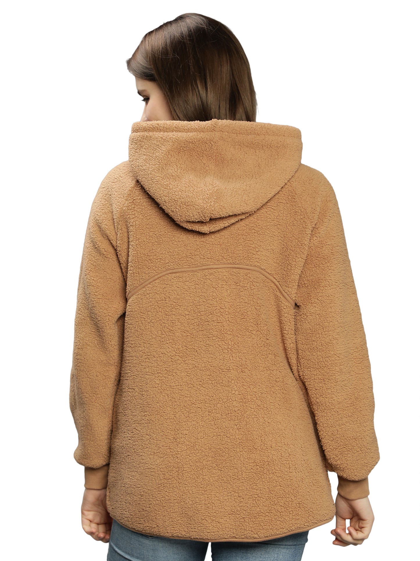 NUEVOSDAMAS Solid Beige Color Winter Sherpa Fur Hooded Jacket with Front Zipper Closer