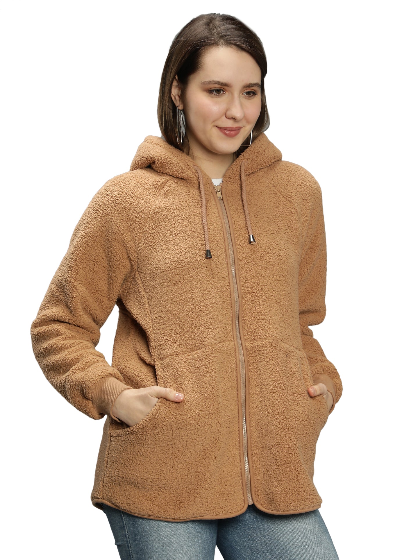 NUEVOSDAMAS Solid Beige Color Winter Sherpa Fur Hooded Jacket with Front Zipper Closer