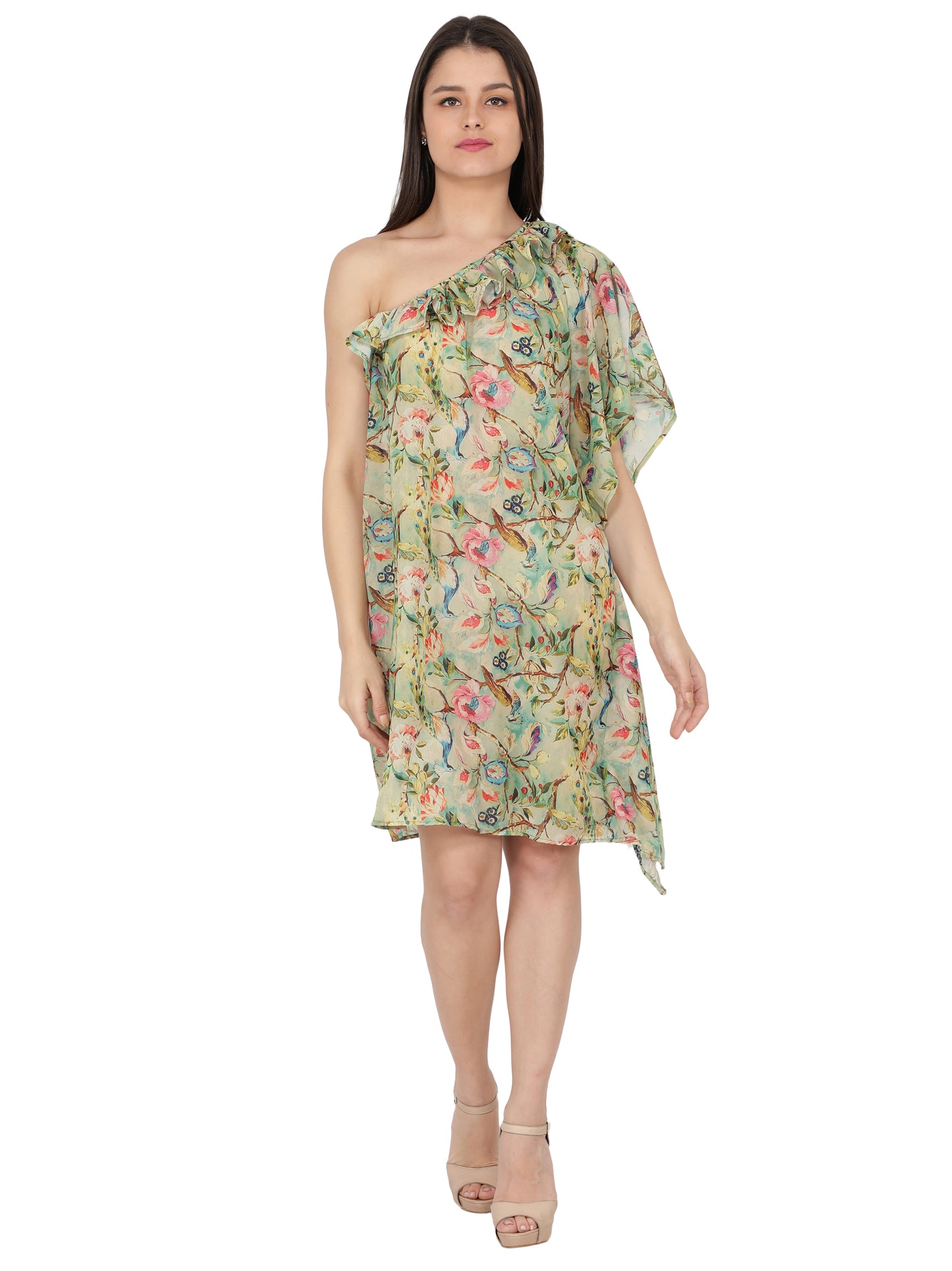 Georgette Birds Digital Printed Multi/ Green Kaftan freeshipping - NUEVOSDAMAS