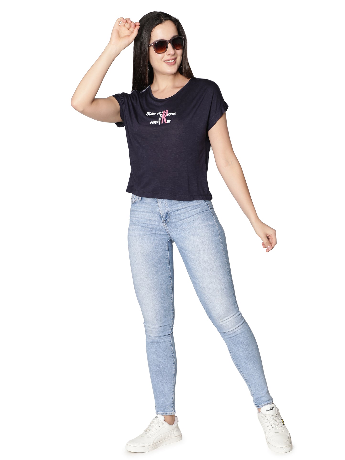 NUEVOSDAMAS Women Rayon Graphic Printed Blue T-Shirt
