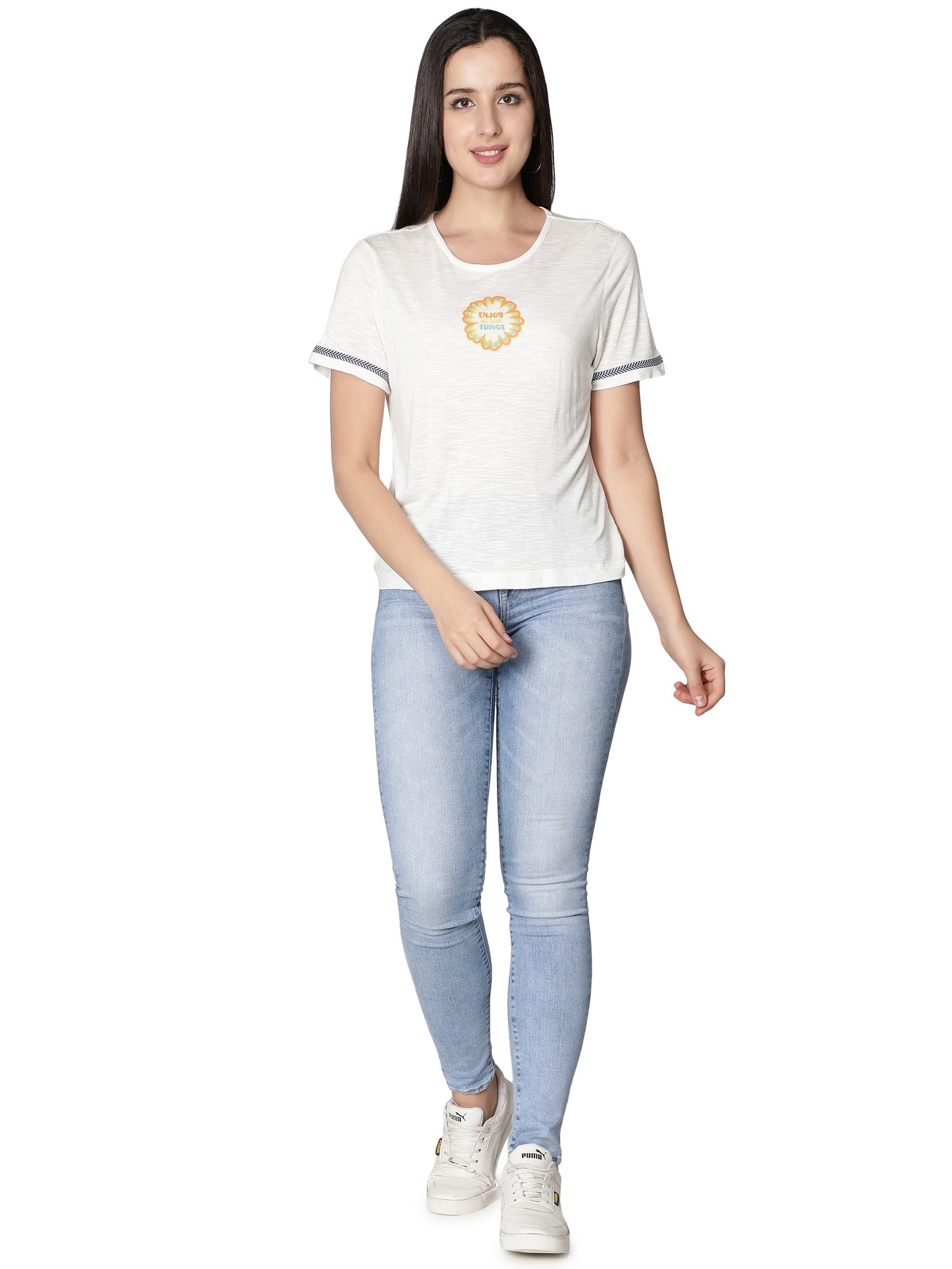 NUEVOSDAMAS Women Rayon Printed White T-Shirt