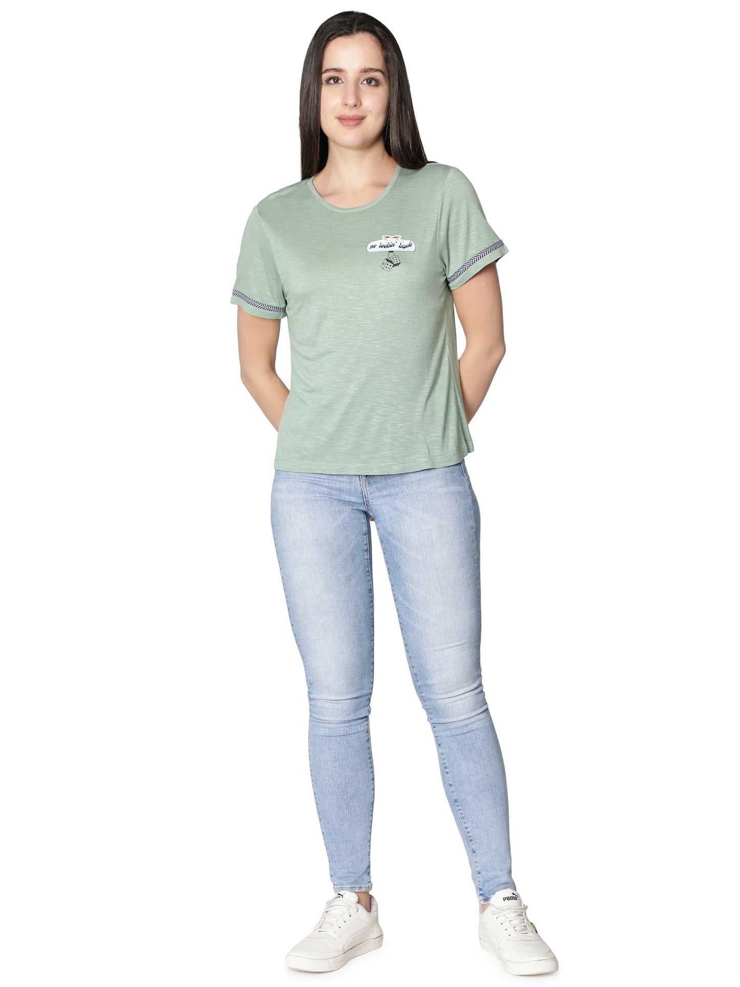 NUEVOSDAMAS Women Rayon Printed Light Green T-Shirt