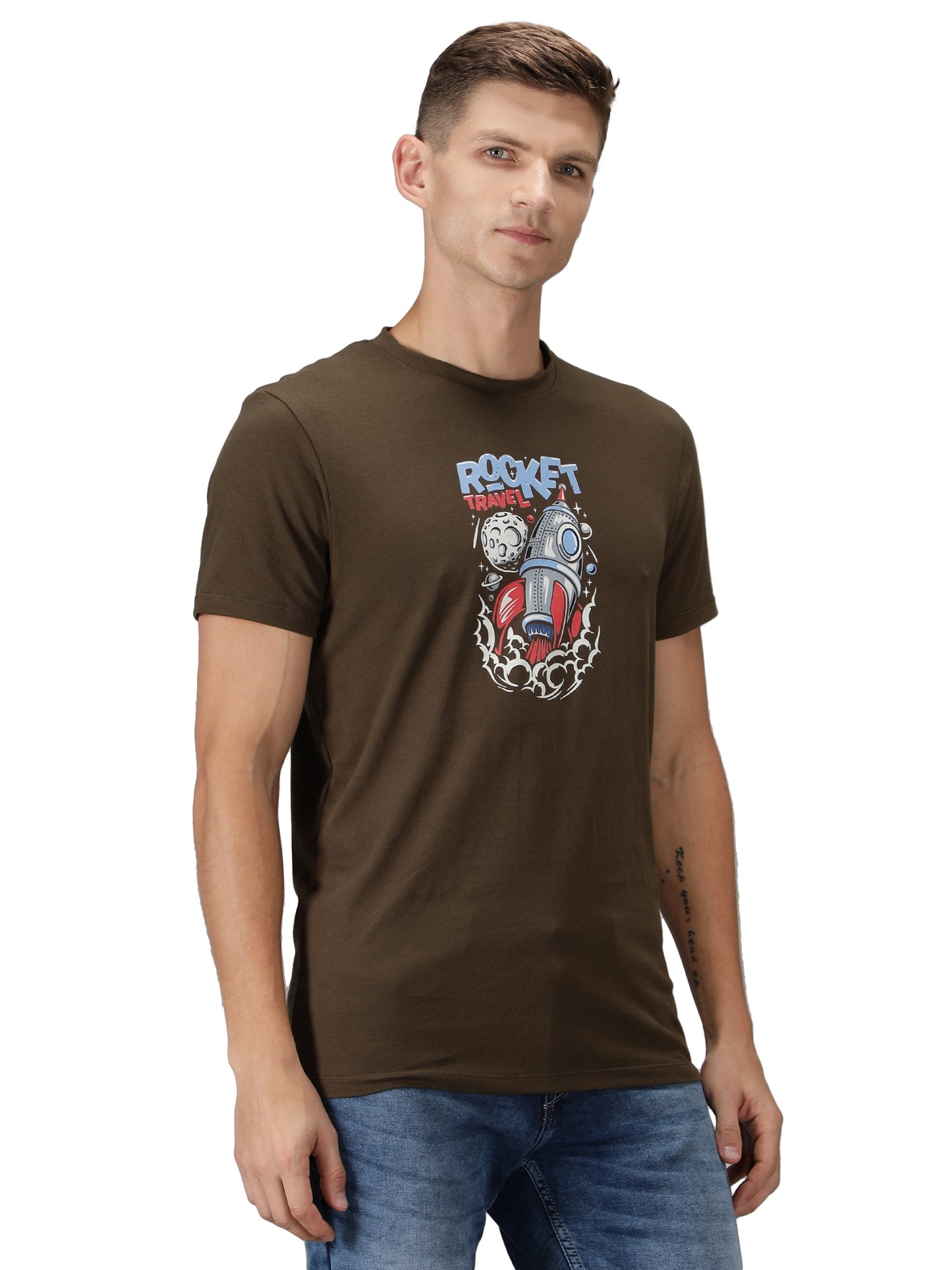 NUEVOSPORTA Men's Cotton Graphic Printed Printed Olive T-Shirt