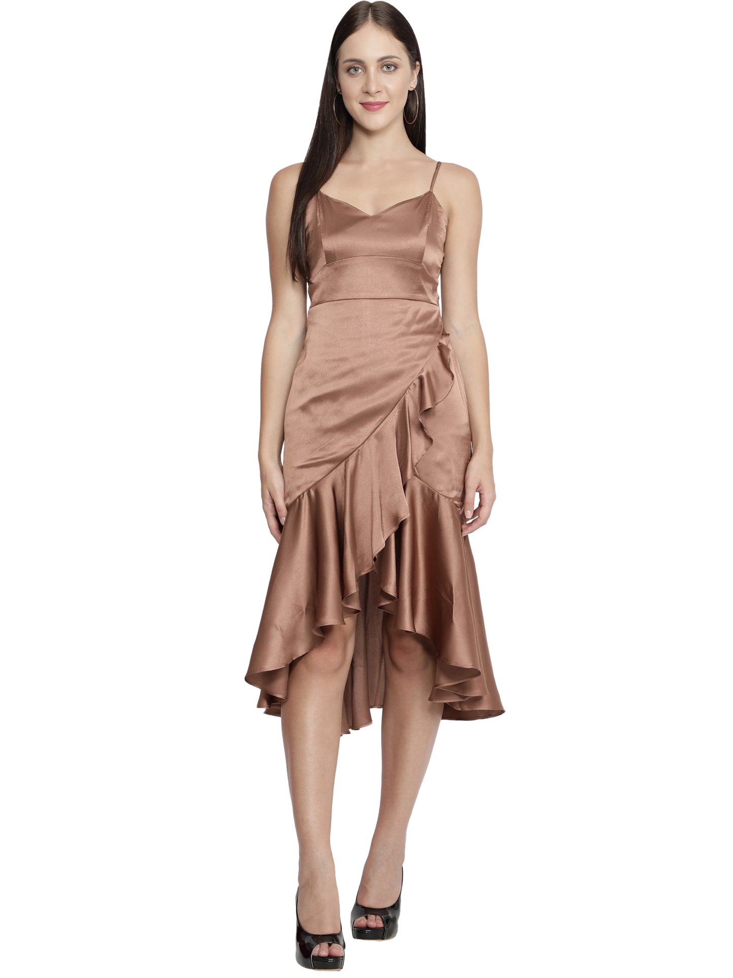 Women Ruffled Beige Dress freeshipping - NUEVOSDAMAS