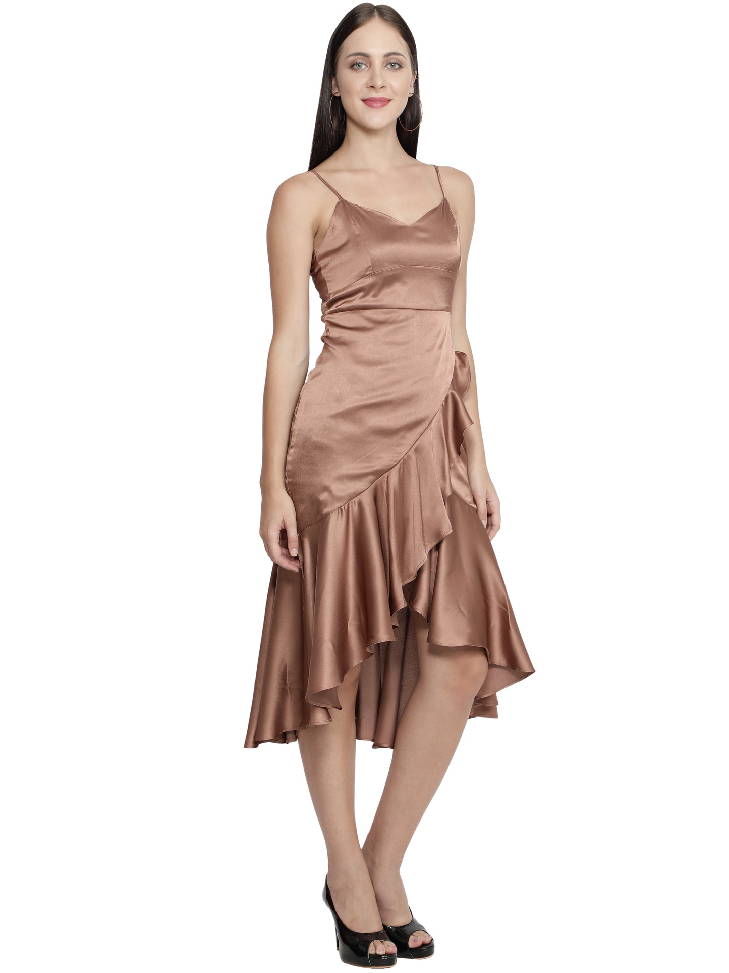 Women Ruffled Beige Dress freeshipping - NUEVOSDAMAS