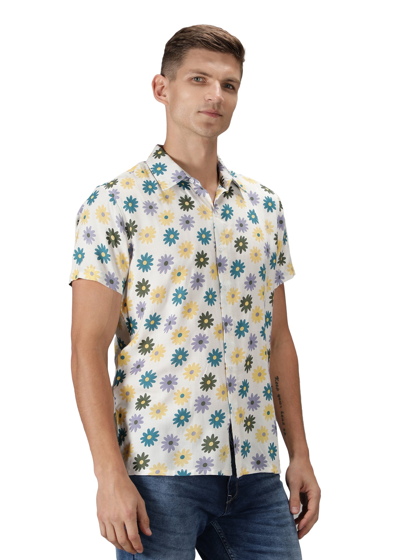 NUEVOSPORTA Men's Flower Printed White Shirt