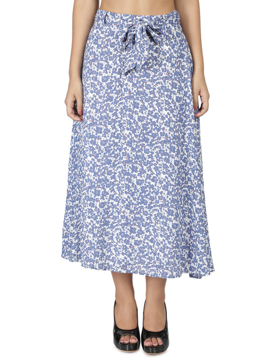 NUEVOSDAMAS Women Rayon Lurex Floral Printed Skirt | Latest Summer Skirt with Belt Blue White