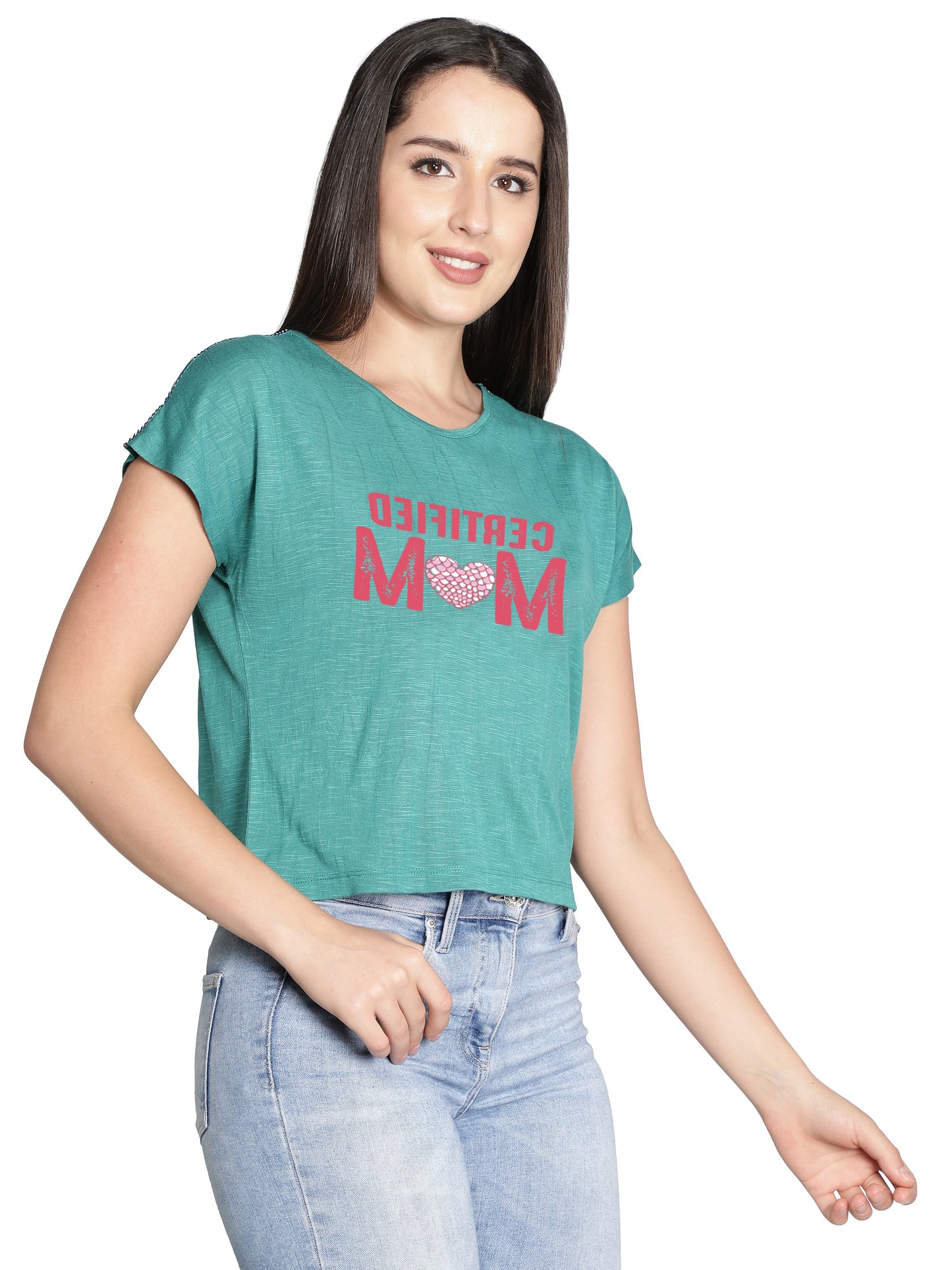 NUEVOSDAMAS Women Rayon Printed Teal T-Shirt