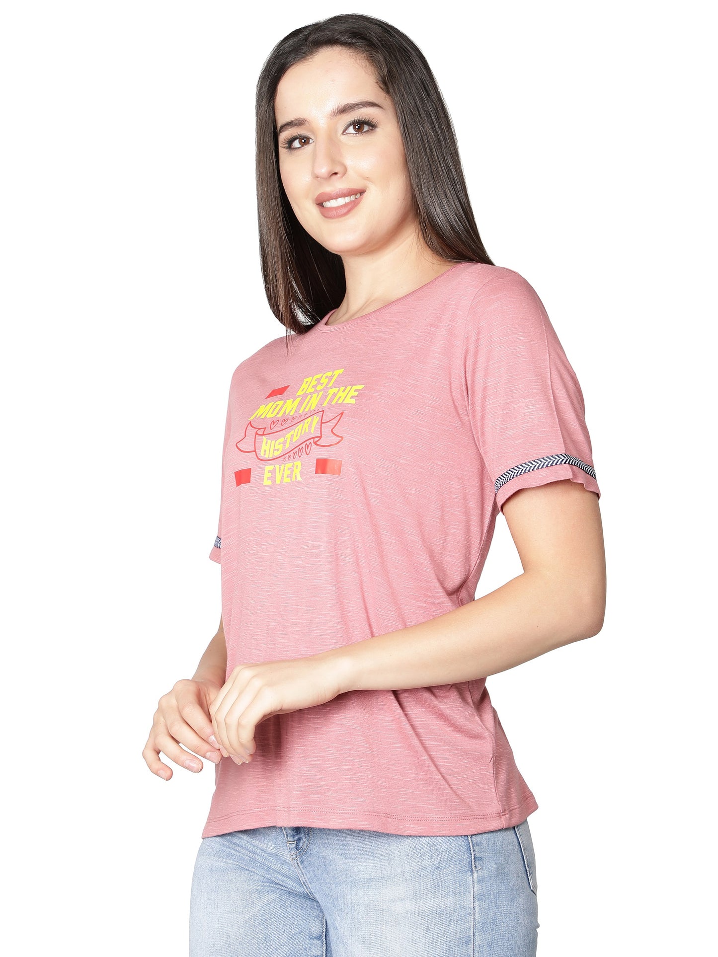 NUEVOSDAMAS Women Rayon Printed Pink T-Shirt