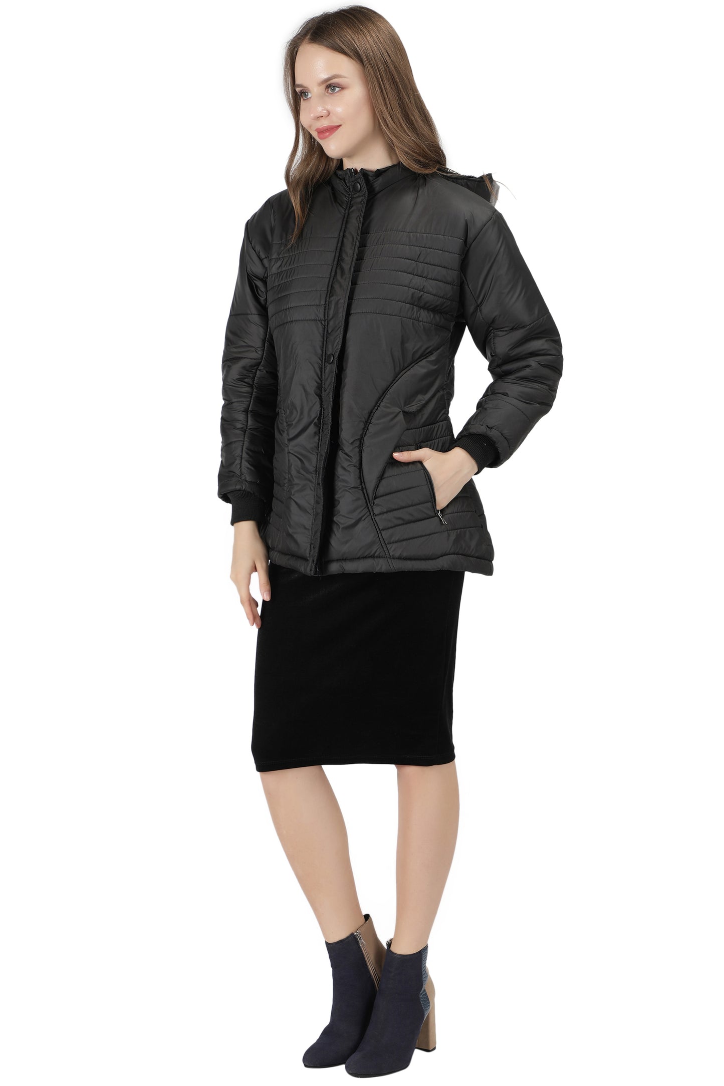 NUEVOSDAMAS Women Solid Black Full Sleeve Puffer Jacket With Detachable Hood