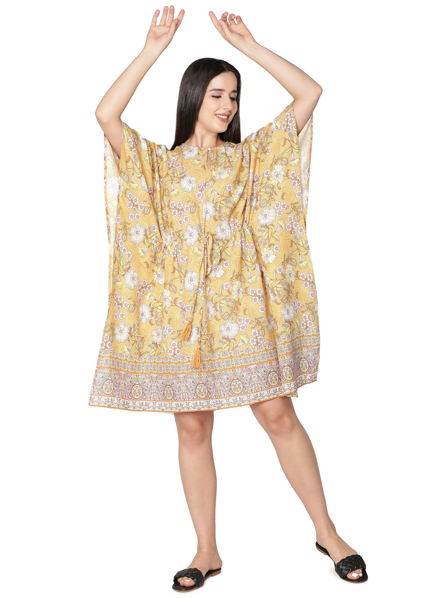 NUEVOSDAMAS Women Crepe Printed Kaftan (Mustard)