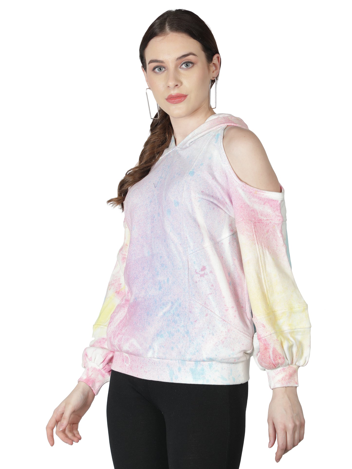 NUEVOSDAMAS Cotton Terry Tie & Dye Cold Shoulder Hooded Sweatshirt Pink/Multi