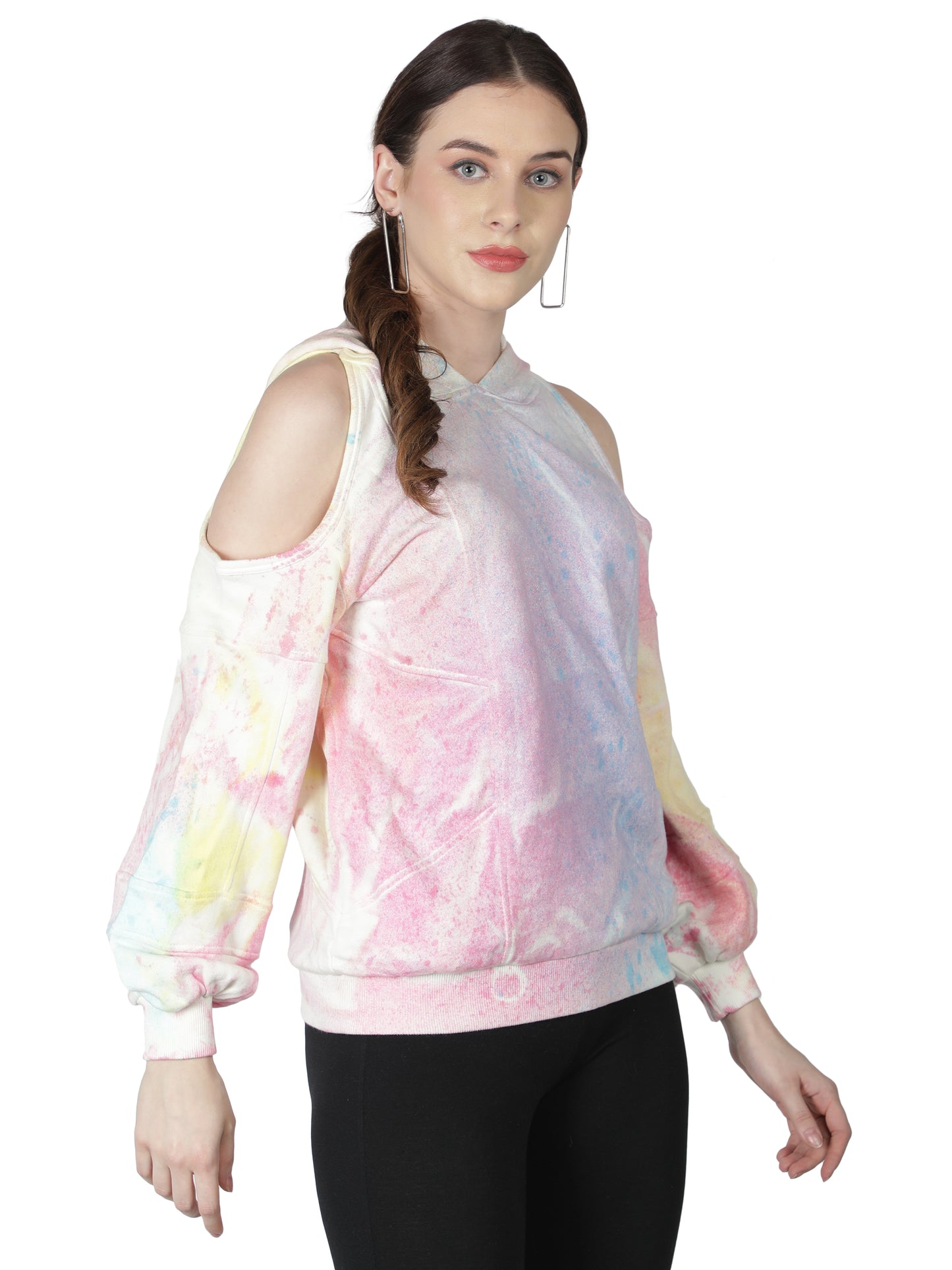 NUEVOSDAMAS Cotton Terry Tie & Dye Cold Shoulder Hooded Sweatshirt Pink/Multi