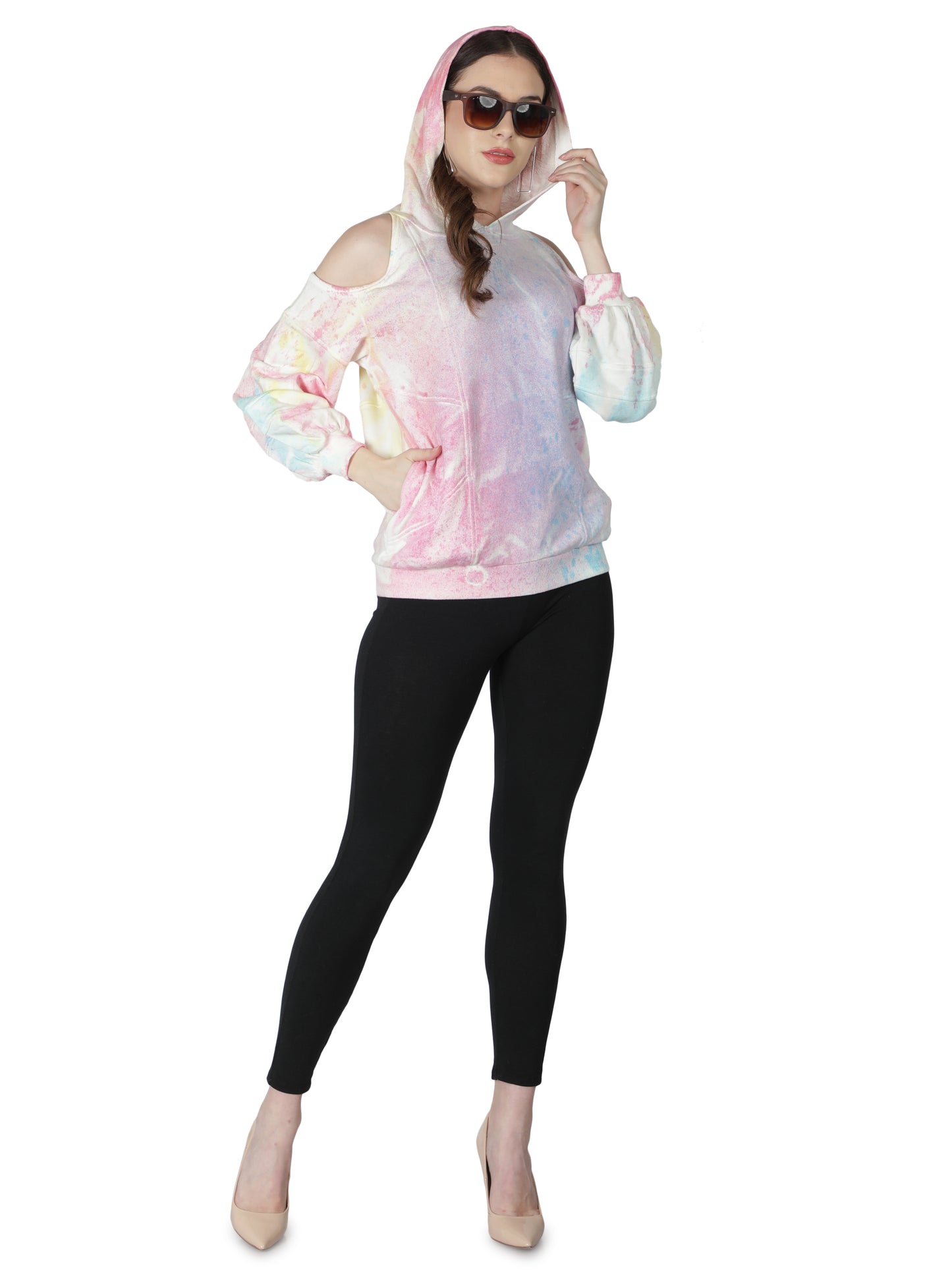 NUEVOSDAMAS Cotton Terry Tie & Dye Cold Shoulder Hooded Sweatshirt Pink/Multi